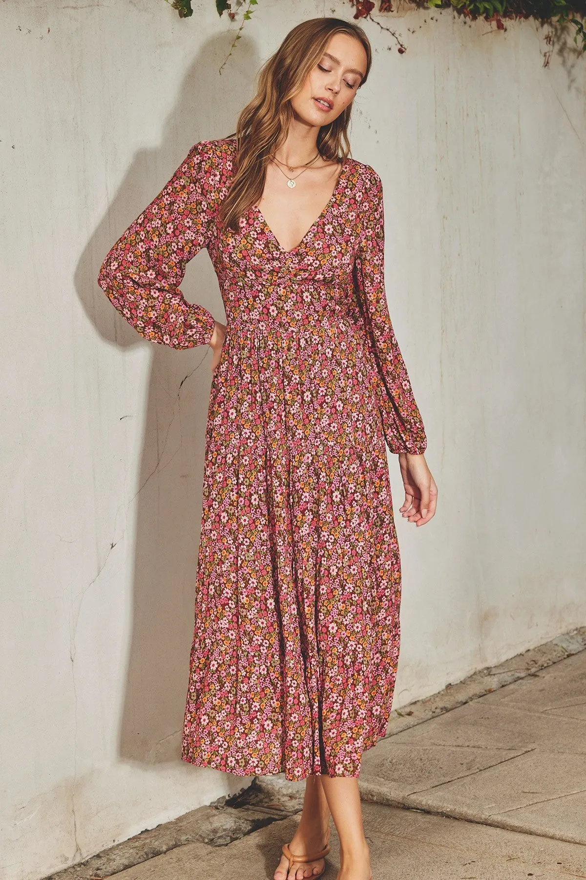 Berry Ditsy Flower Tie-Back Tiered Dress sold by Pinkblush