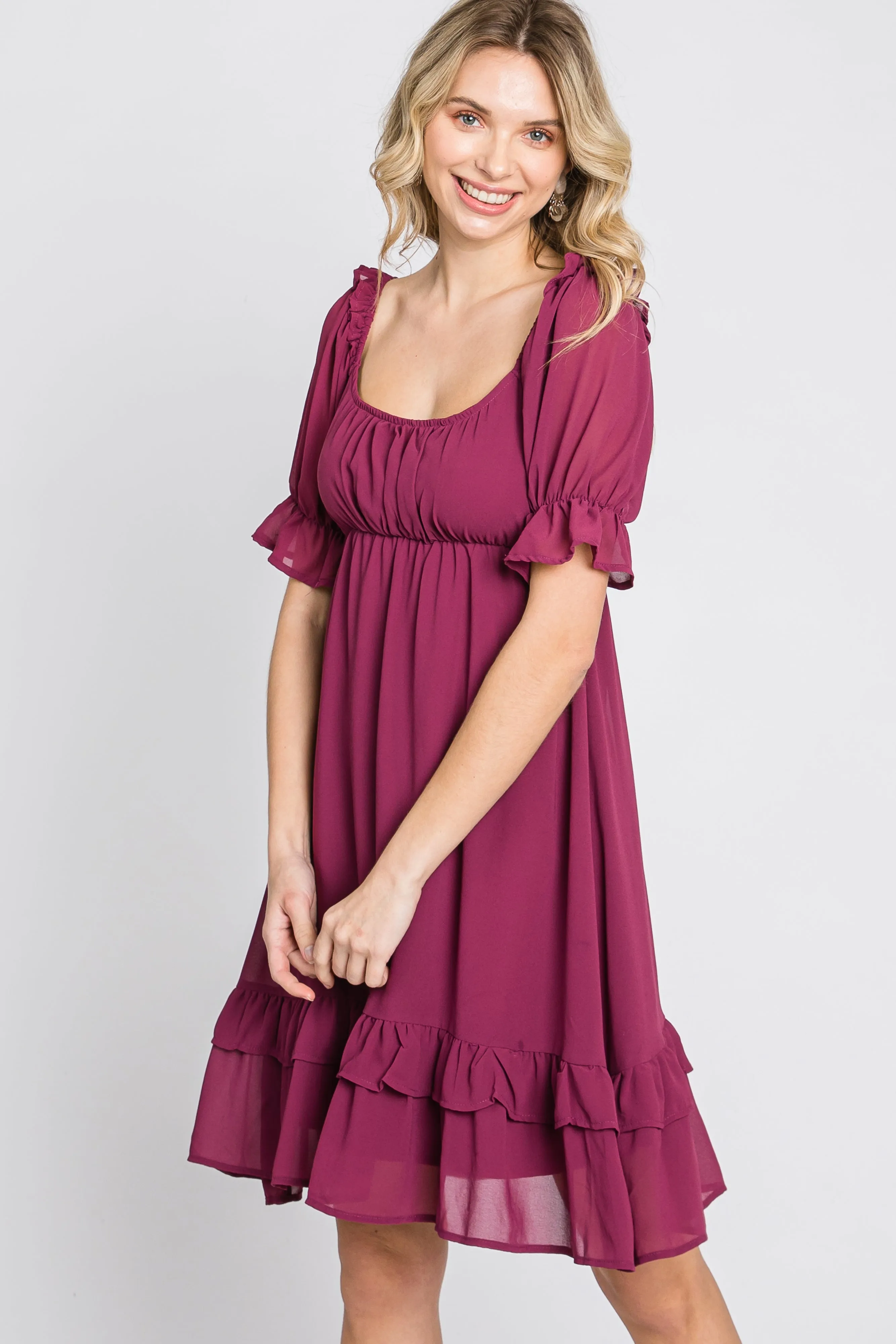 Magenta Chiffon Puff Sleeve Ruffle Dress sold by Pinkblush