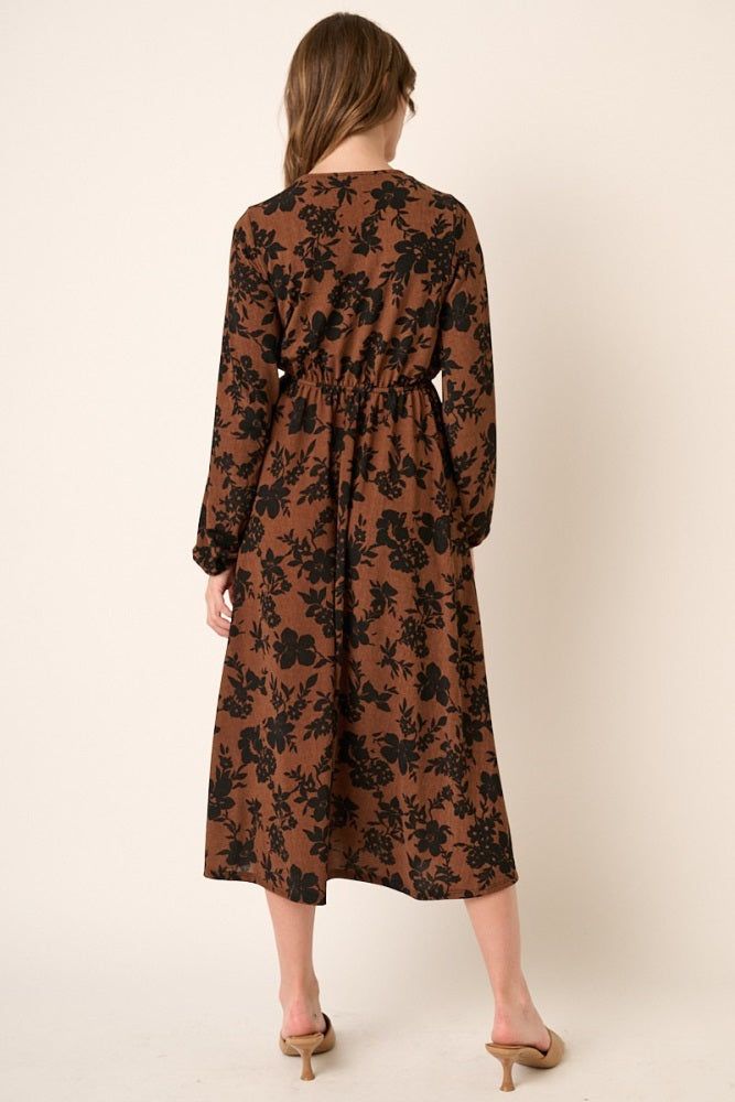 Mocha Flower Print Long Sleeve Surplice Midi Dress sold by Pinkblush product image thumbnail 3