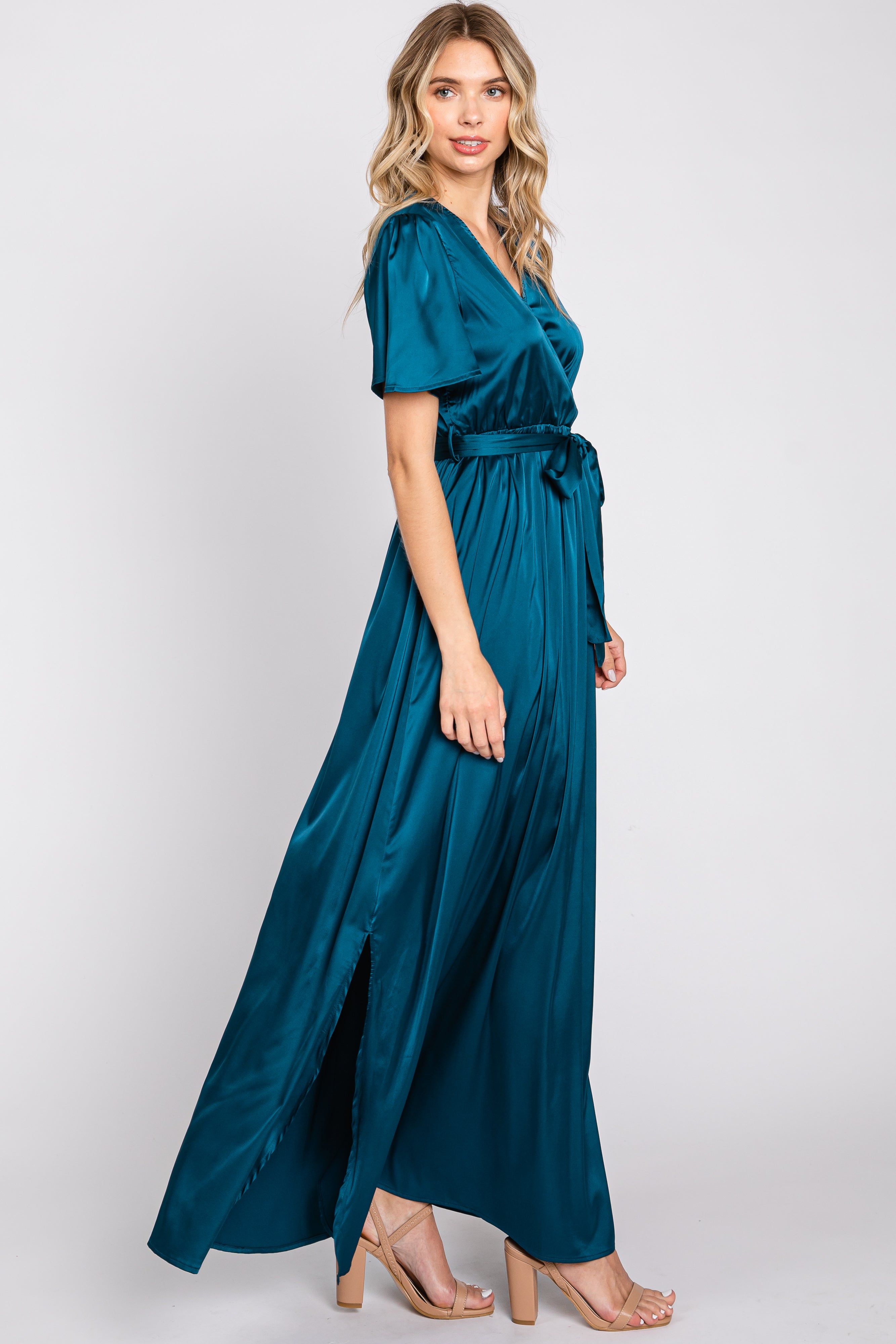 Teal Satin Wrap Nursing Dress sold by Pinkblush product image thumbnail 2