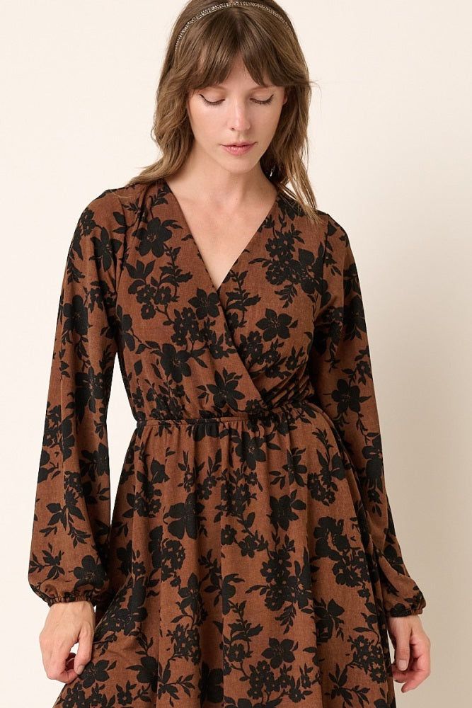Mocha Flower Print Long Sleeve Surplice Midi Dress sold by Pinkblush product image thumbnail 4
