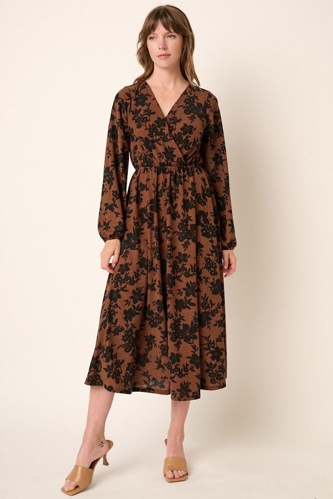 Mocha Flower Print Long Sleeve Surplice Midi Dress sold by Pinkblush