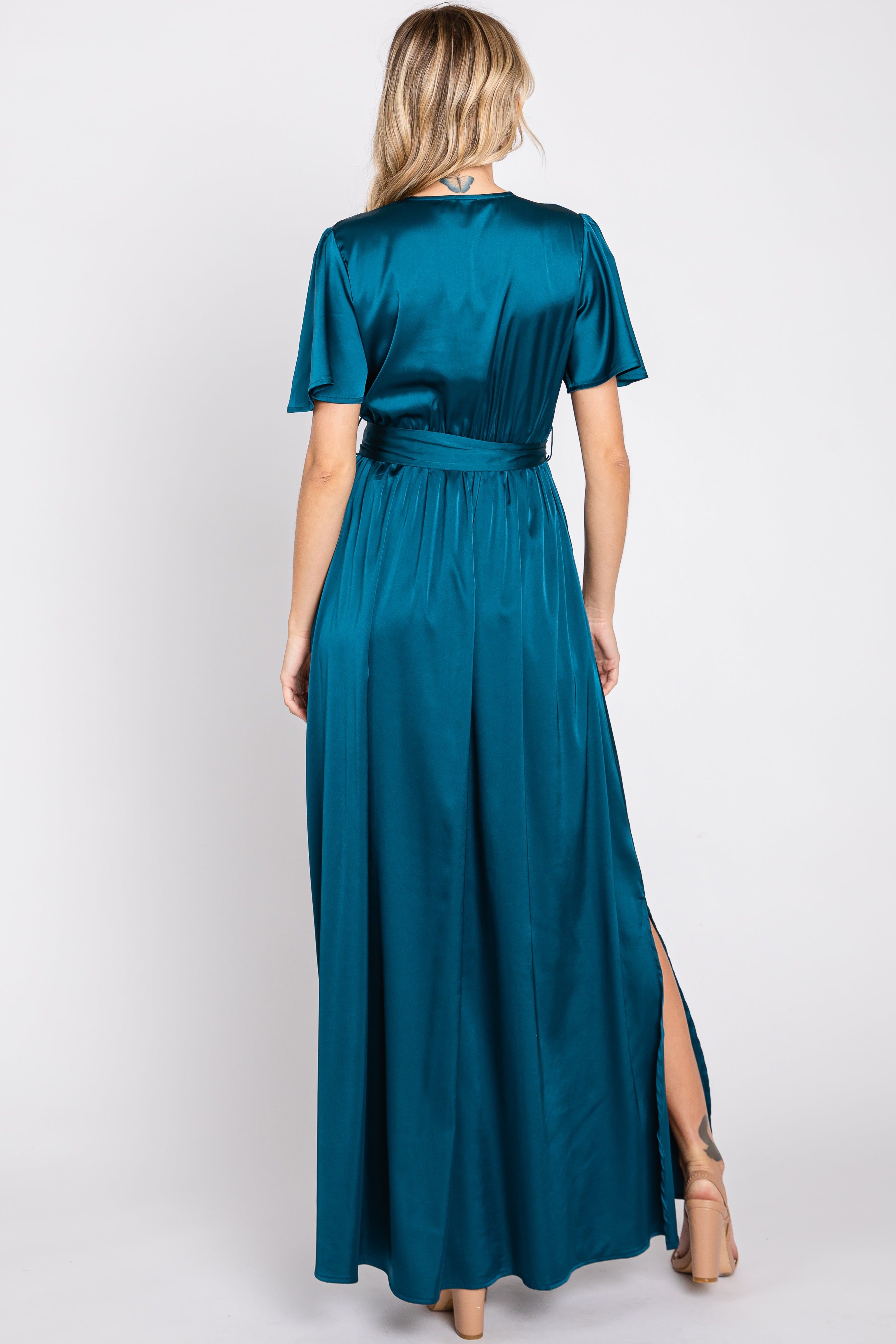 Teal Satin Wrap Nursing Dress sold by Pinkblush product image thumbnail 3