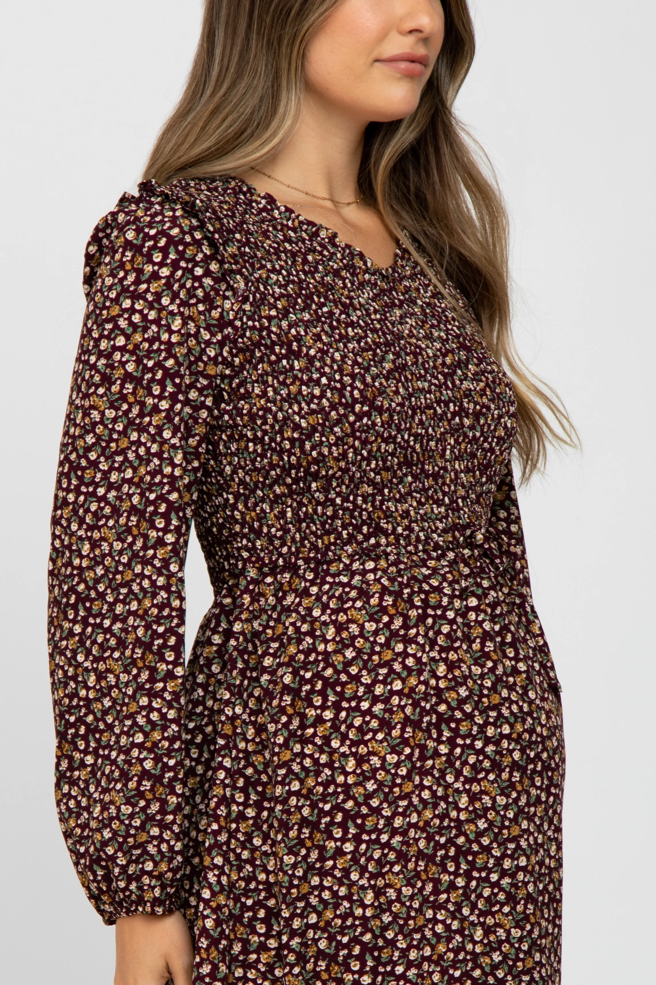 Burgundy Floral Long Sleeve Smocked Maternity Midi Dress sold by Pinkblush product image thumbnail 4