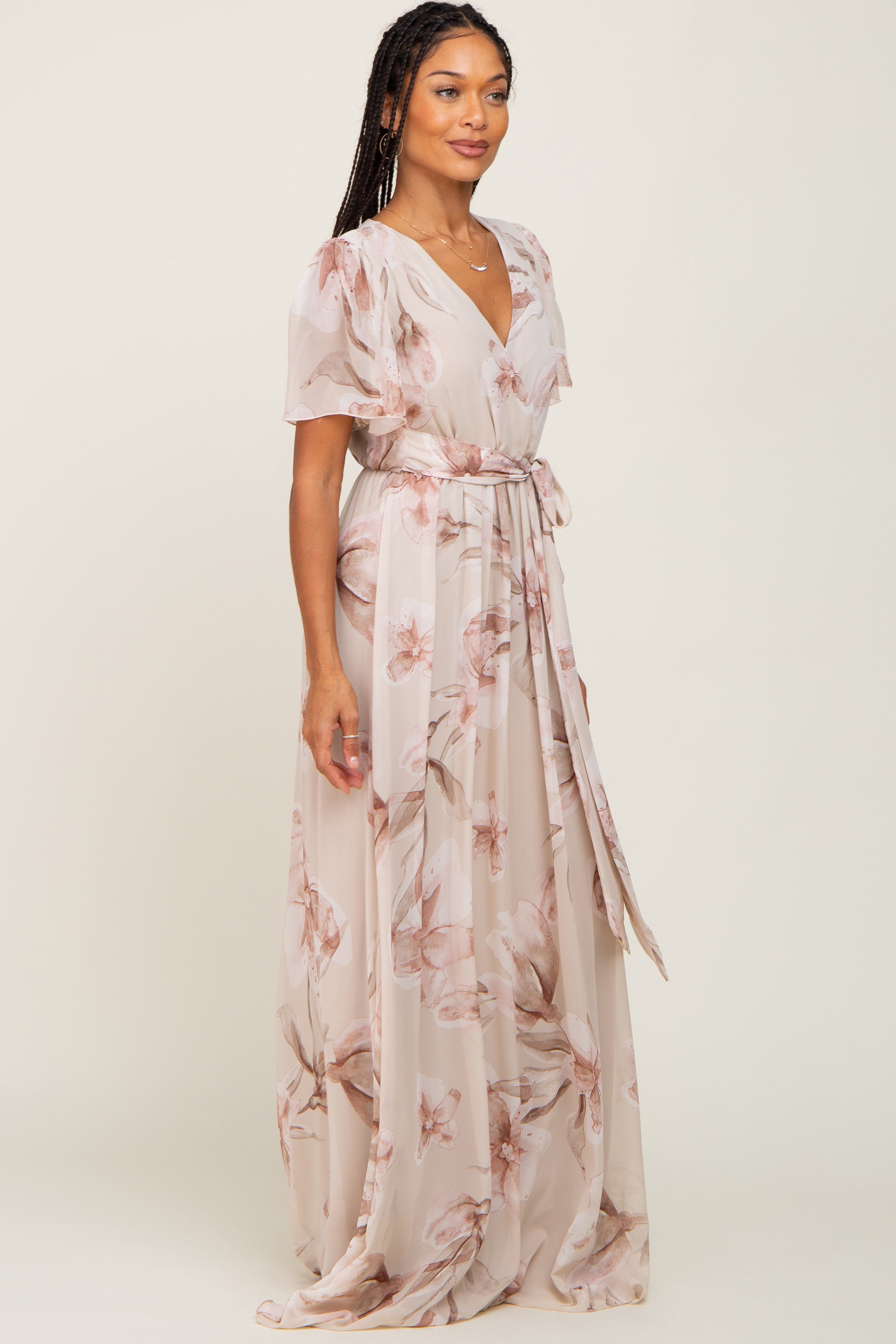 Beige Floral Chiffon Wrap Front Short Sleeve Maxi Dress sold by Pinkblush product image thumbnail 2