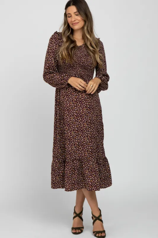 Burgundy Floral Long Sleeve Smocked Maternity Midi Dress sold by Pinkblush