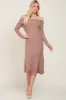 Mocha Ribbed Knit Foldover Off Shoulder Midi Dress sold by Pinkblush