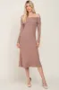 Mocha Ribbed Knit Foldover Off Shoulder Midi Dress sold by Pinkblush