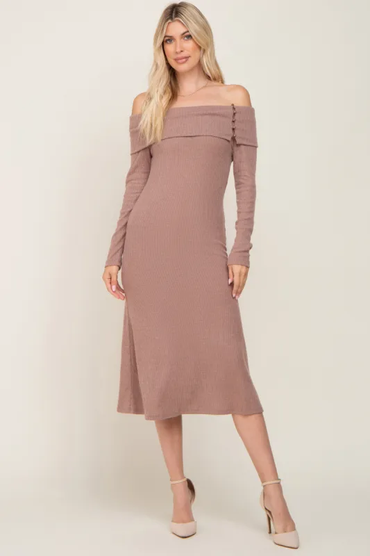 Mocha Ribbed Knit Foldover Off Shoulder Midi Dress sold by Pinkblush