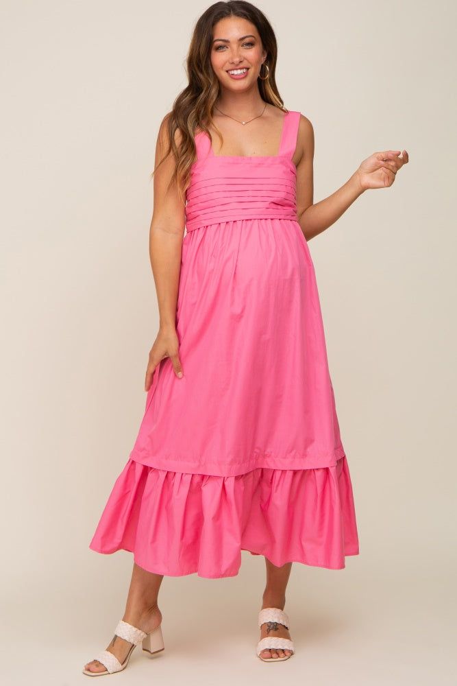 Pink Pleated Back Tie Maternity Midi Dress sold by Pinkblush