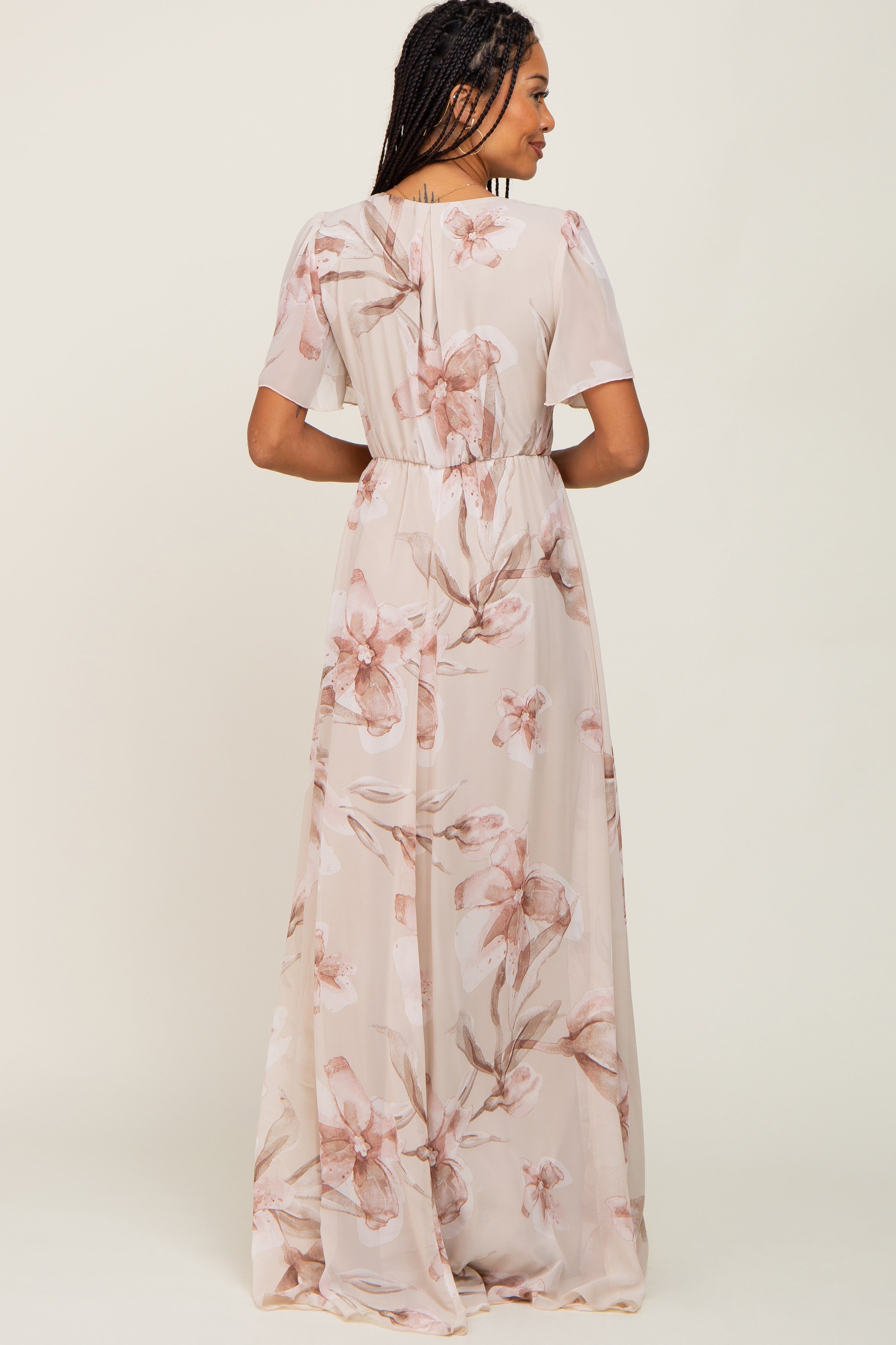 Beige Floral Chiffon Wrap Front Short Sleeve Maxi Dress sold by Pinkblush product image thumbnail 3