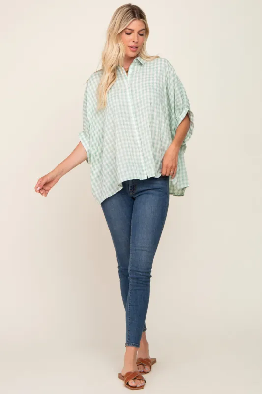 Mint Green Gingham Button Up Collared Boxy Top sold by Pinkblush