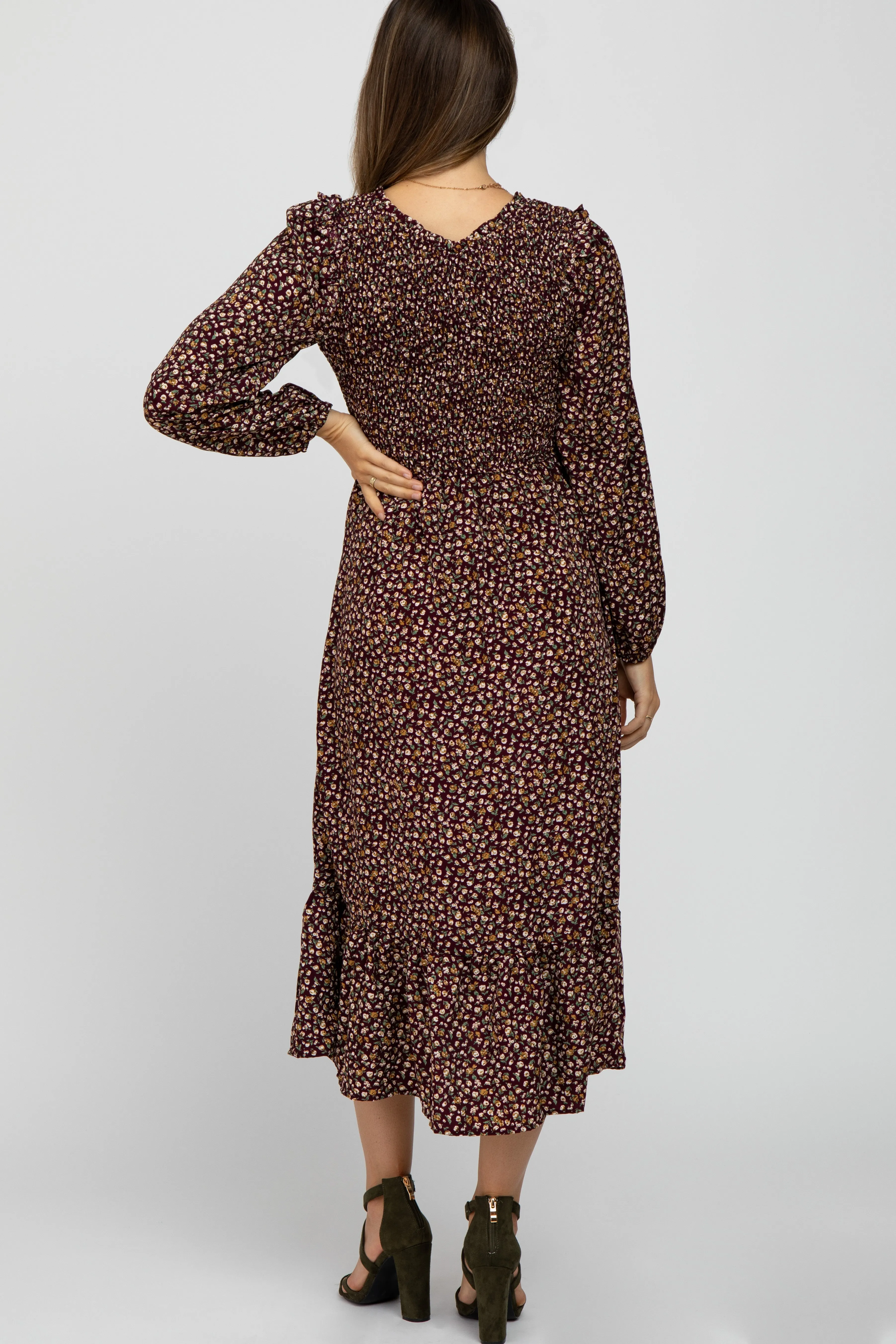 Burgundy Floral Long Sleeve Smocked Maternity Midi Dress sold by Pinkblush product image thumbnail 3