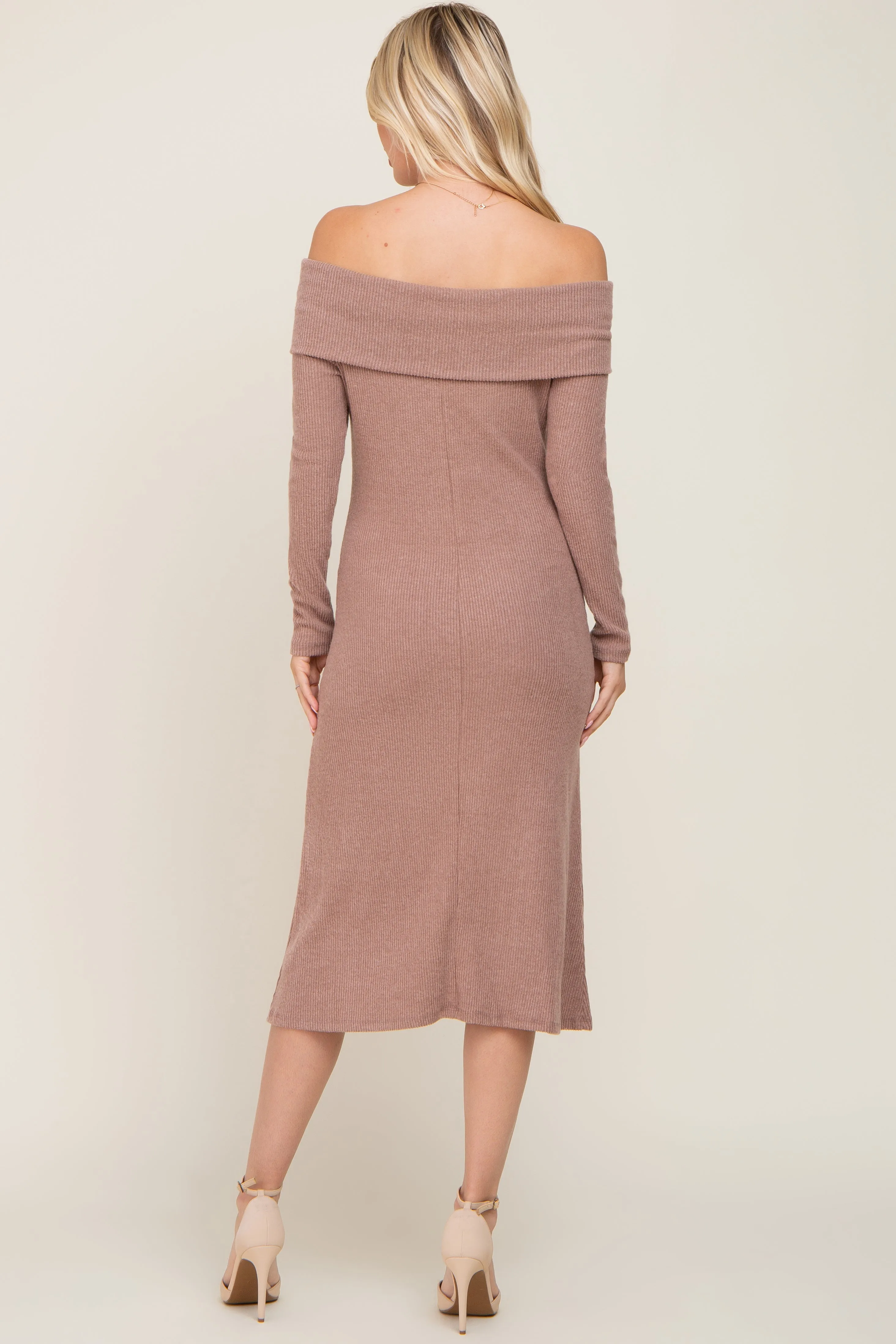 Mocha Ribbed Knit Foldover Off Shoulder Midi Dress sold by Pinkblush product image thumbnail 3