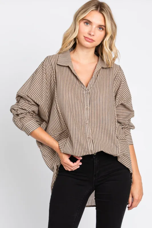 Mocha Striped Button Front Collared Long Sleeve Top sold by Pinkblush