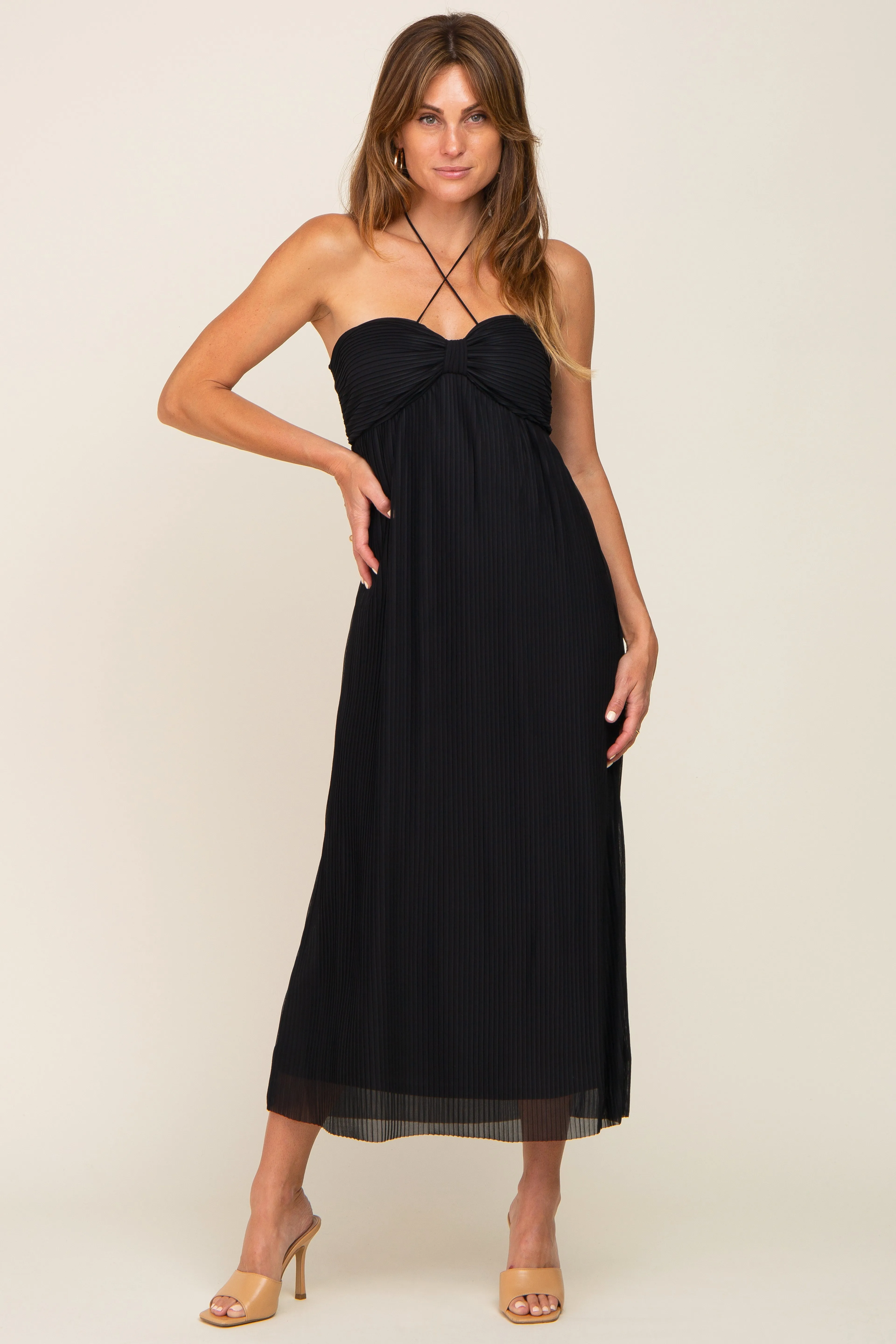 Black Pleated Cross Front Halter Maternity Midi Dress sold by Pinkblush product image thumbnail 5