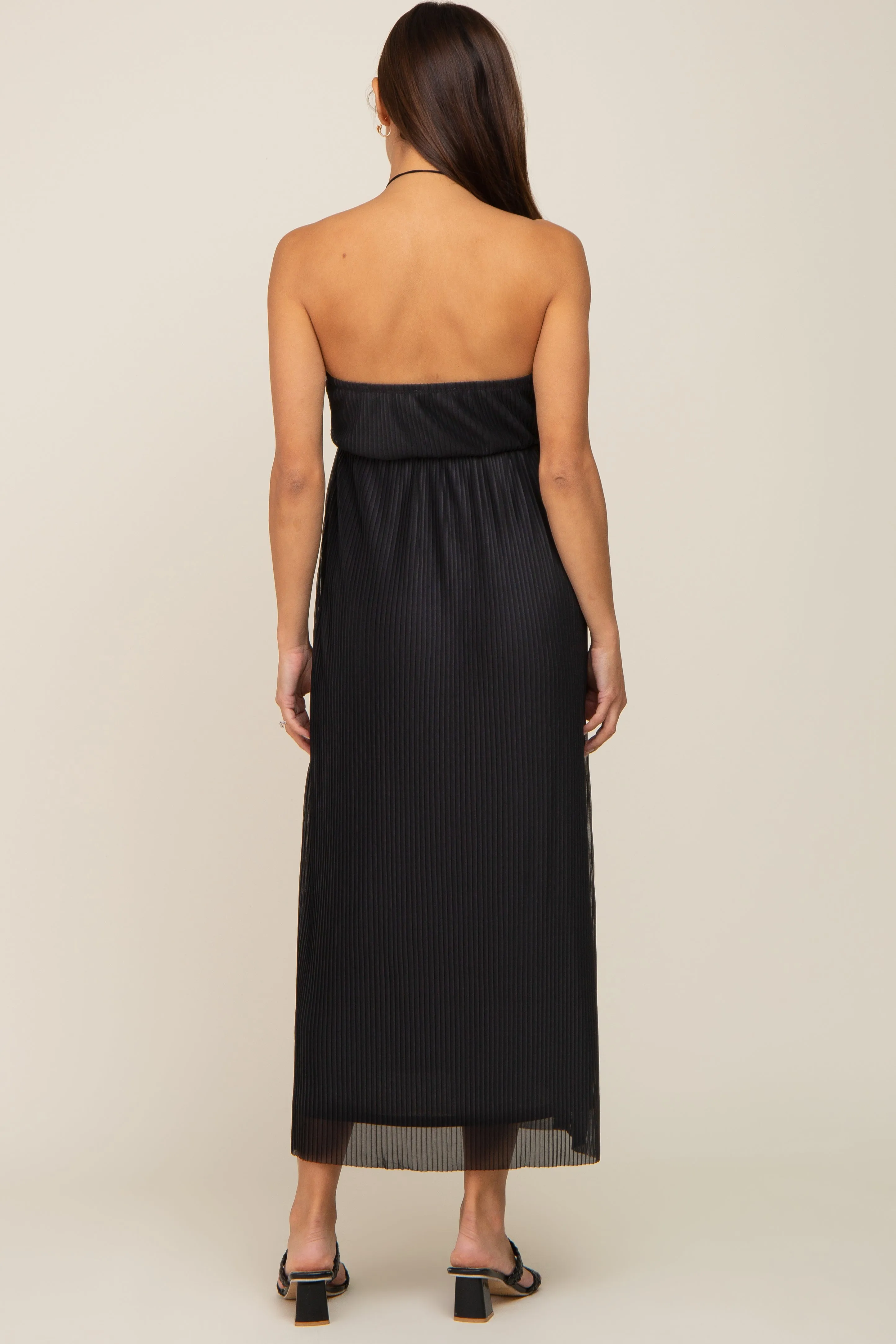 Black Pleated Cross Front Halter Maternity Midi Dress sold by Pinkblush product image thumbnail 3