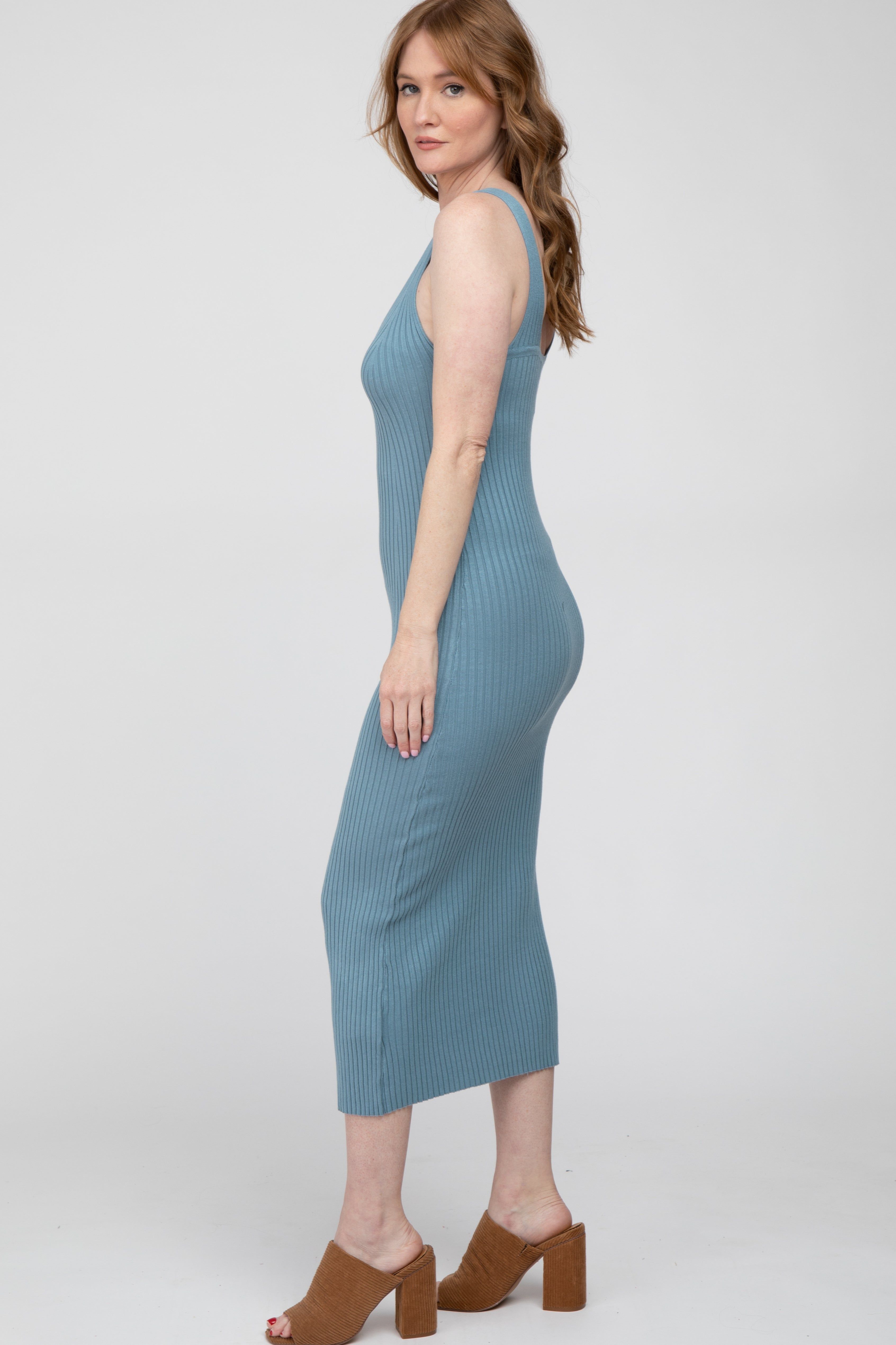 Blue Ribbed Sleeveless Knit Midi Dress sold by Pinkblush product image thumbnail 2