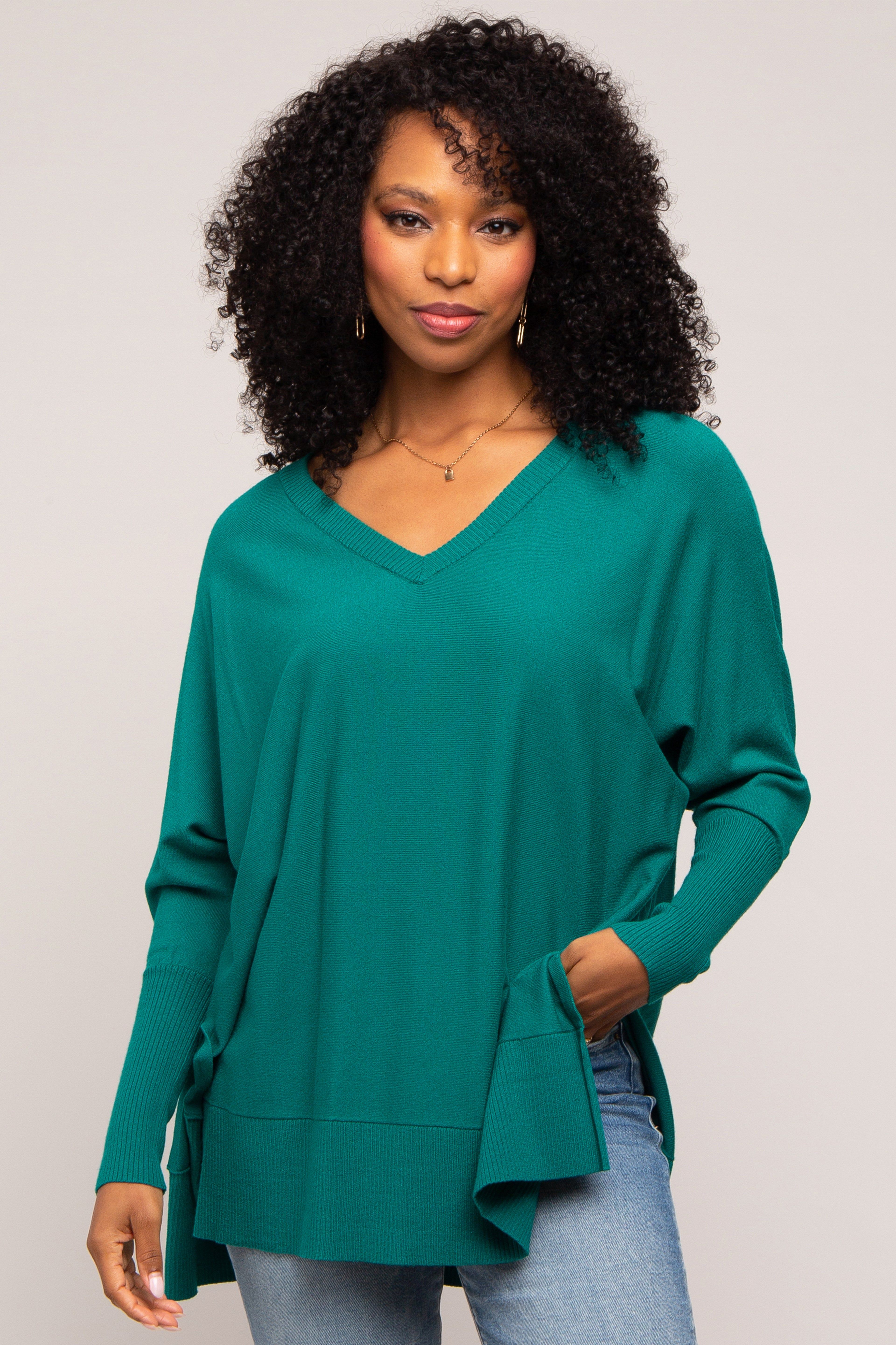 Hunter Green Knit Long Dolman Sleeve Top sold by Pinkblush