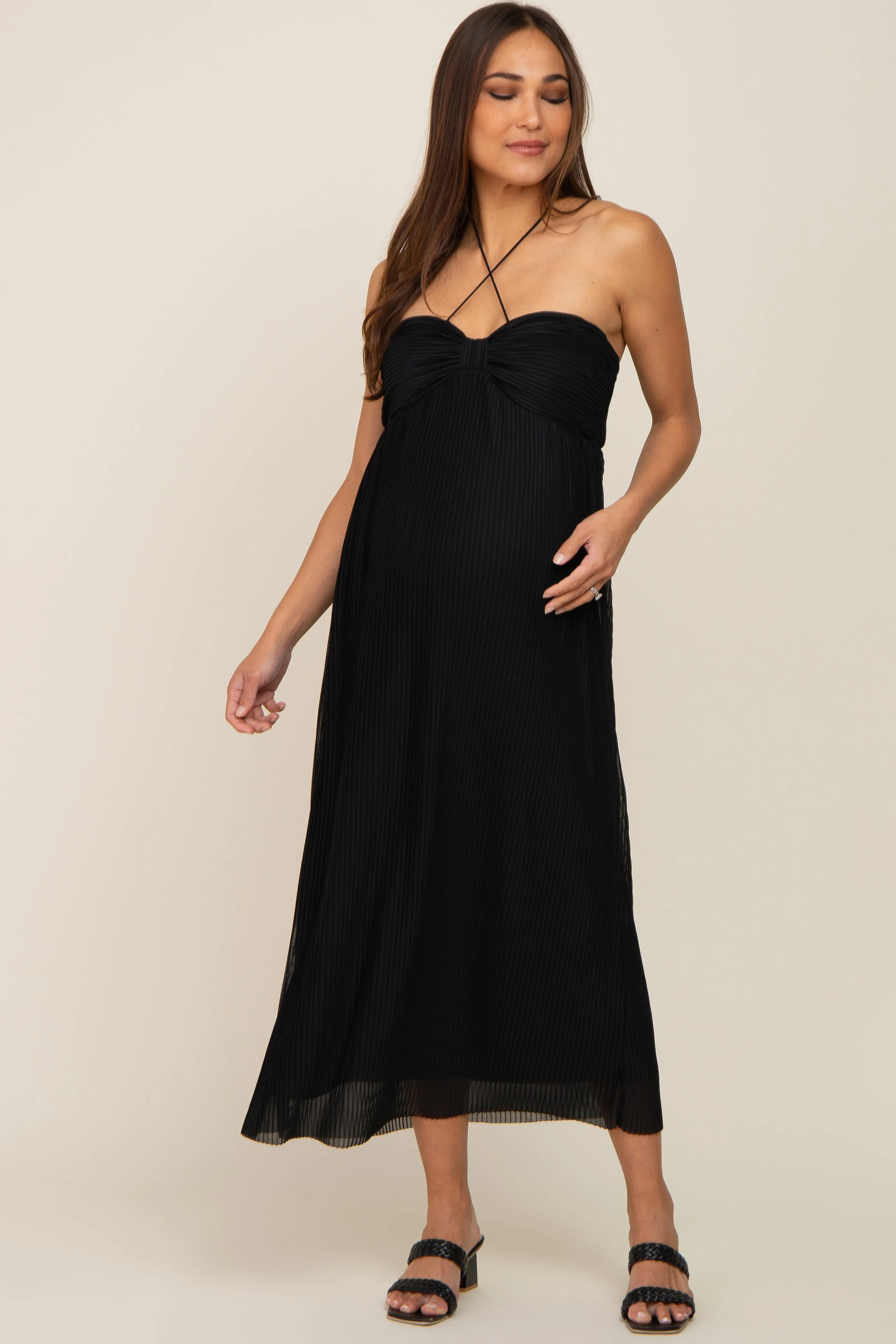 Black Pleated Cross Front Halter Maternity Midi Dress sold by Pinkblush product image thumbnail 4
