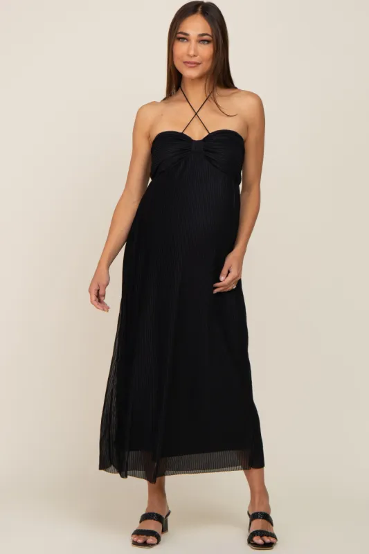Black Pleated Cross Front Halter Maternity Midi Dress sold by Pinkblush