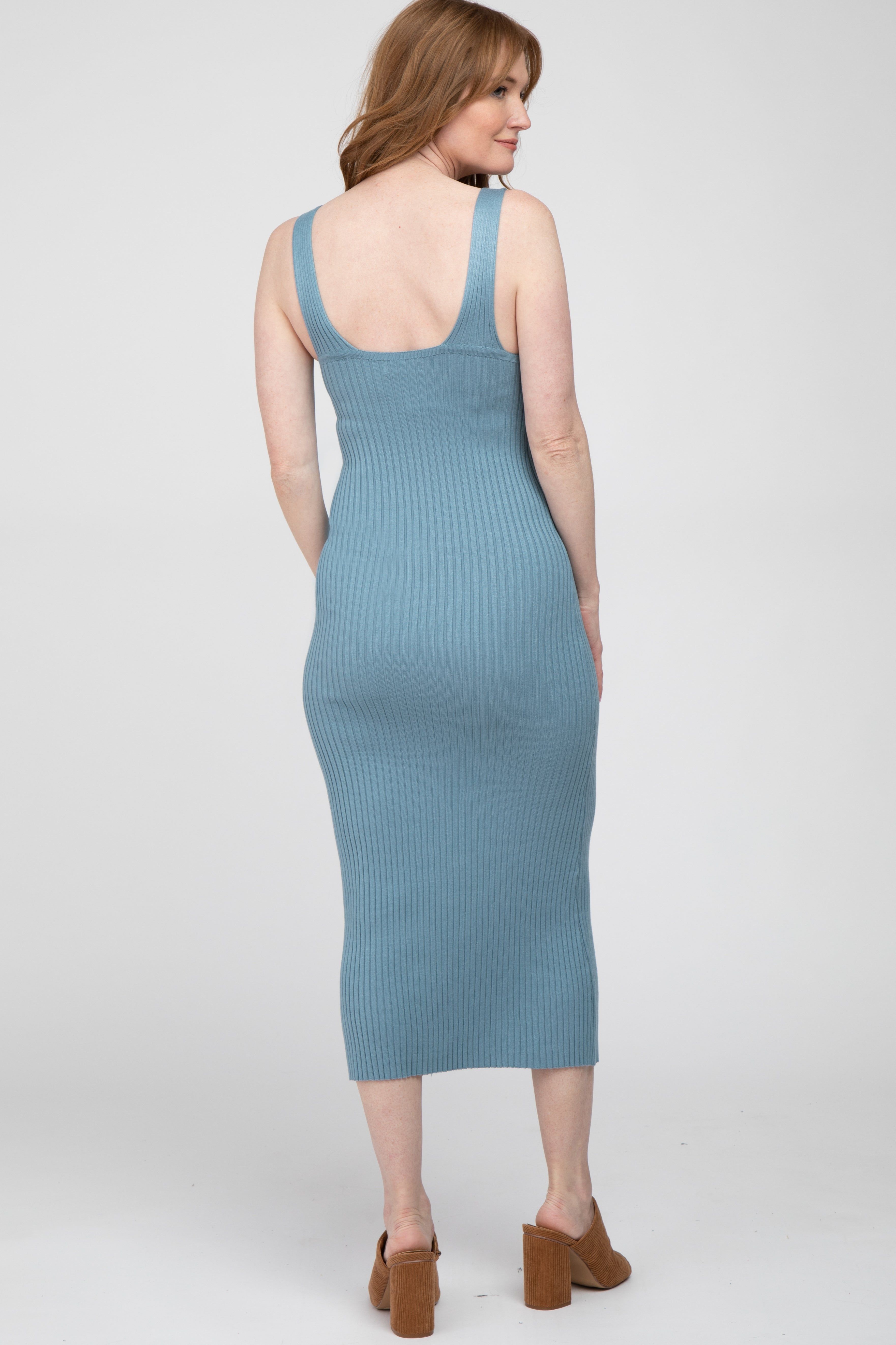 Blue Ribbed Sleeveless Knit Midi Dress sold by Pinkblush product image thumbnail 3