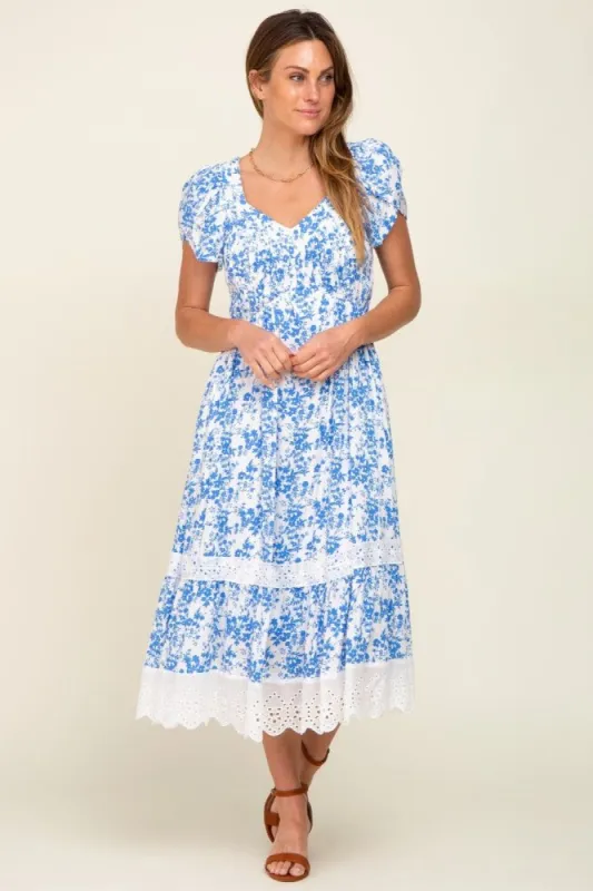 Blue Floral Pleated Eyelet Trim Midi Dress sold by Pinkblush