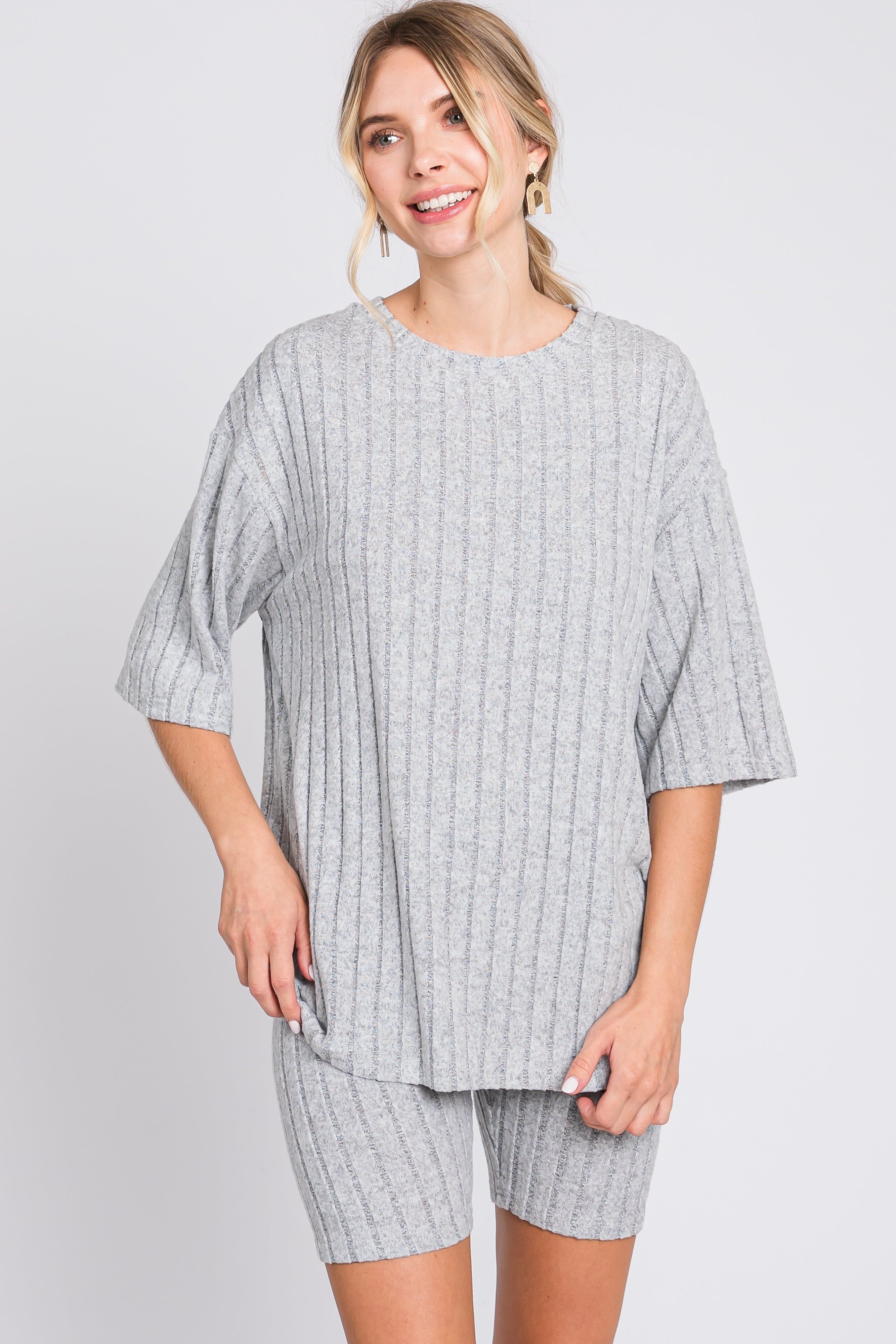 Heather Grey Ribbed Soft Short Sleeve Maternity Shorts Set sold by Pinkblush product image thumbnail 6