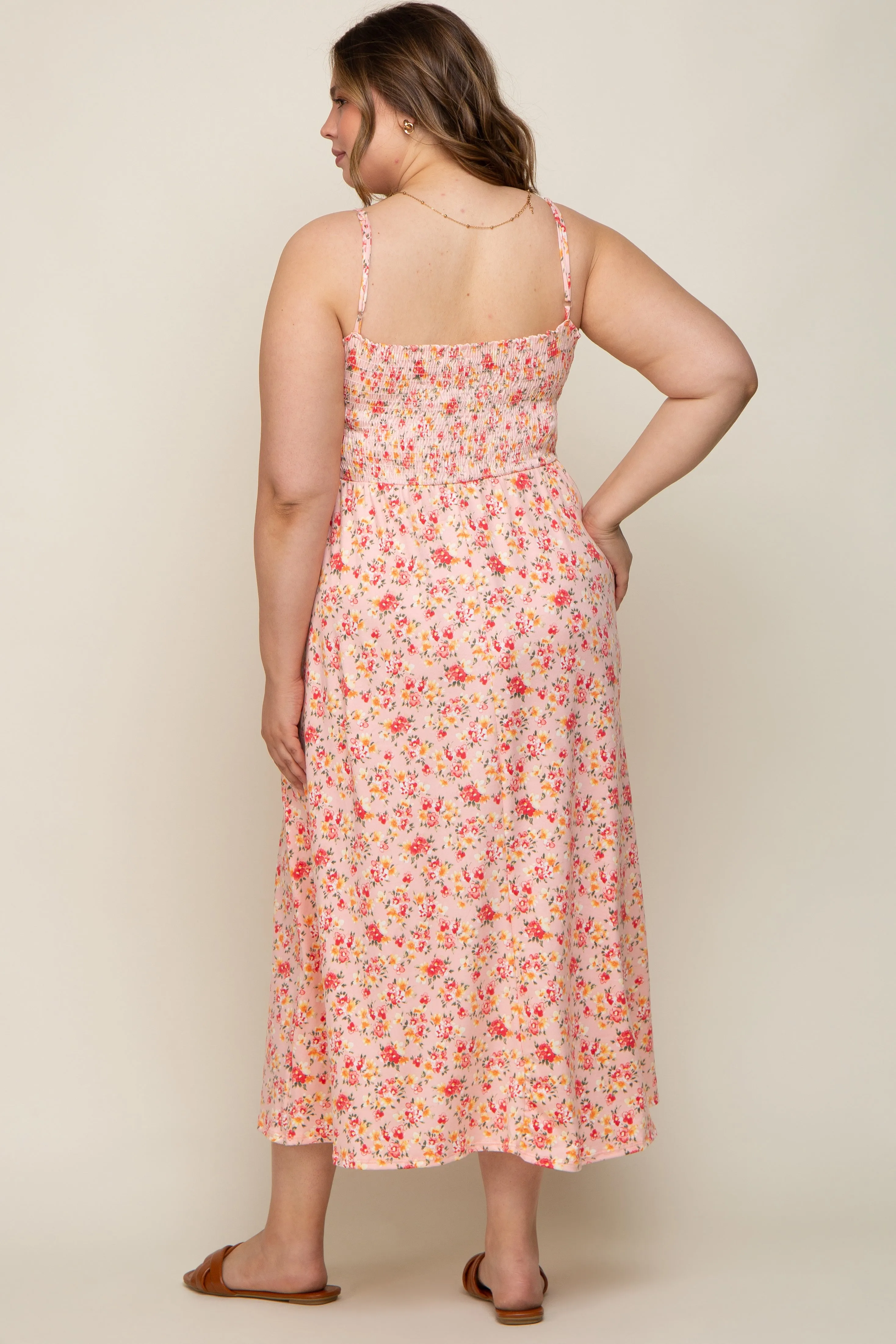 Peach Square Neck Smocked Plus Maternity Midi Dress sold by Pinkblush product image thumbnail 3