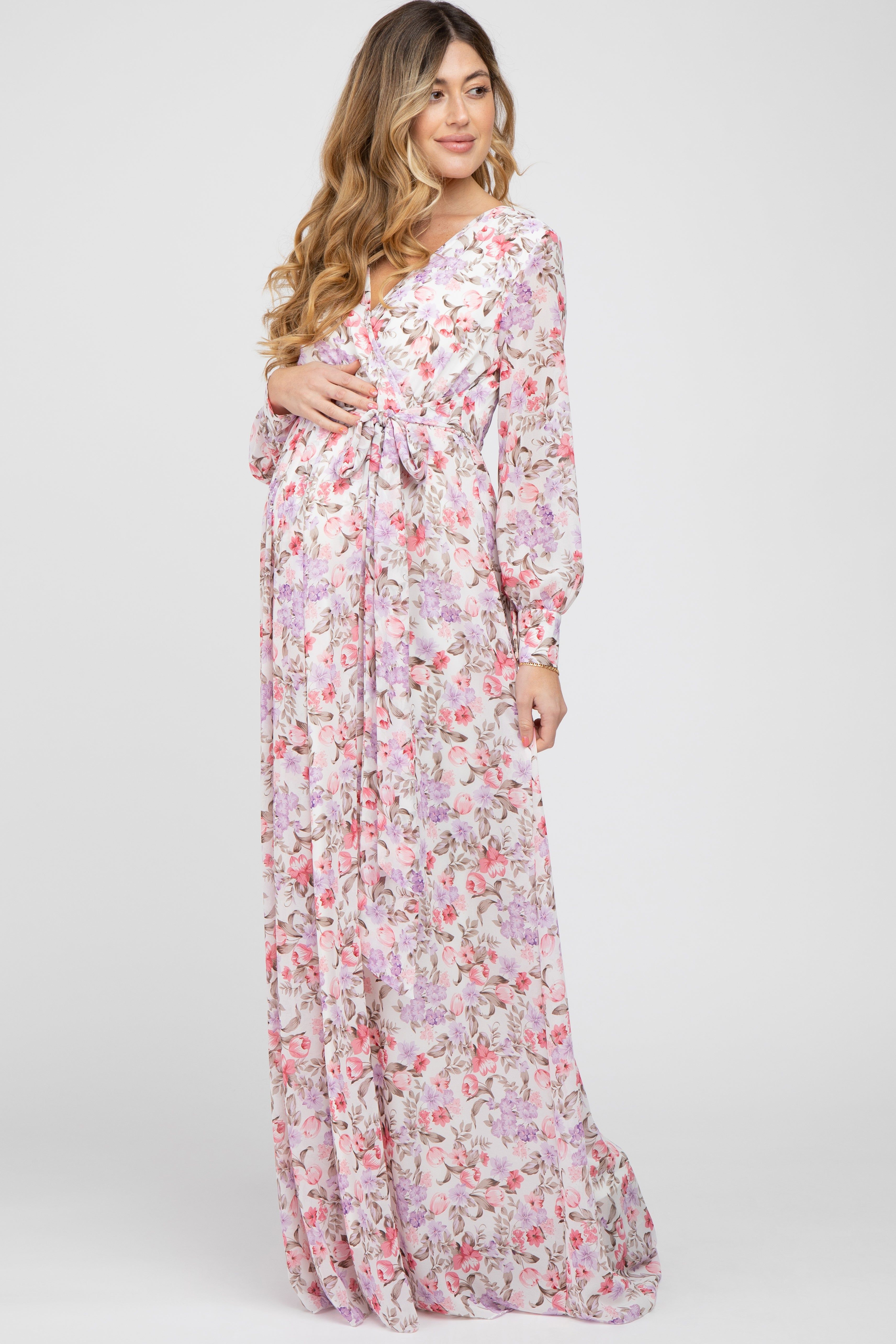 White Floral Chiffon Long Sleeve Pleated Maternity Maxi Dress sold by Pinkblush product image thumbnail 2