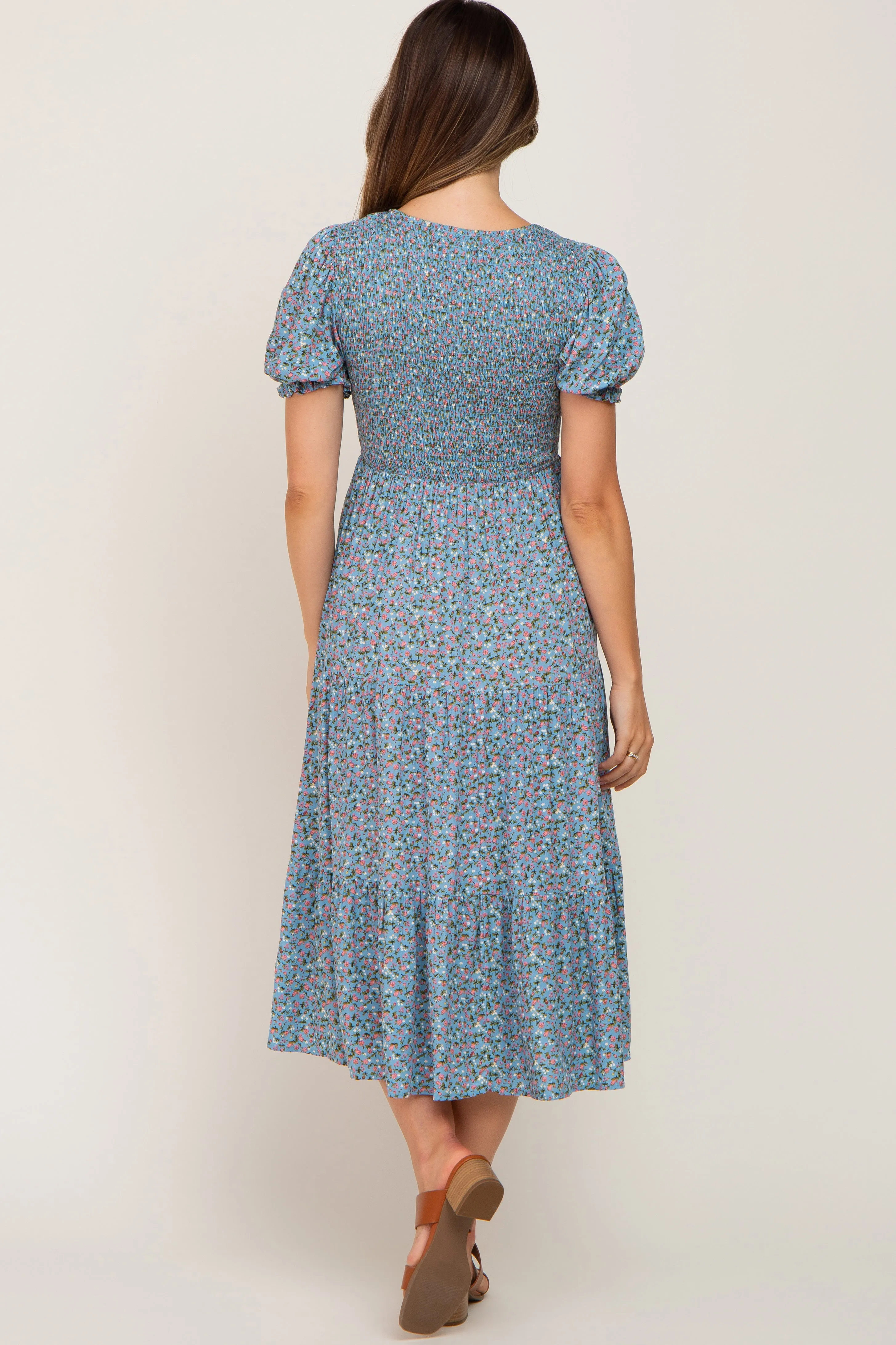 Blue Floral Smocked Maternity Midi Dress sold by Pinkblush product image thumbnail 3