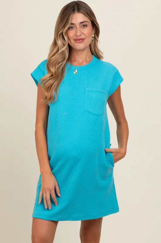Aqua Front Pocket Line Textured Short Sleeve Maternity Dress sold by Pinkblush