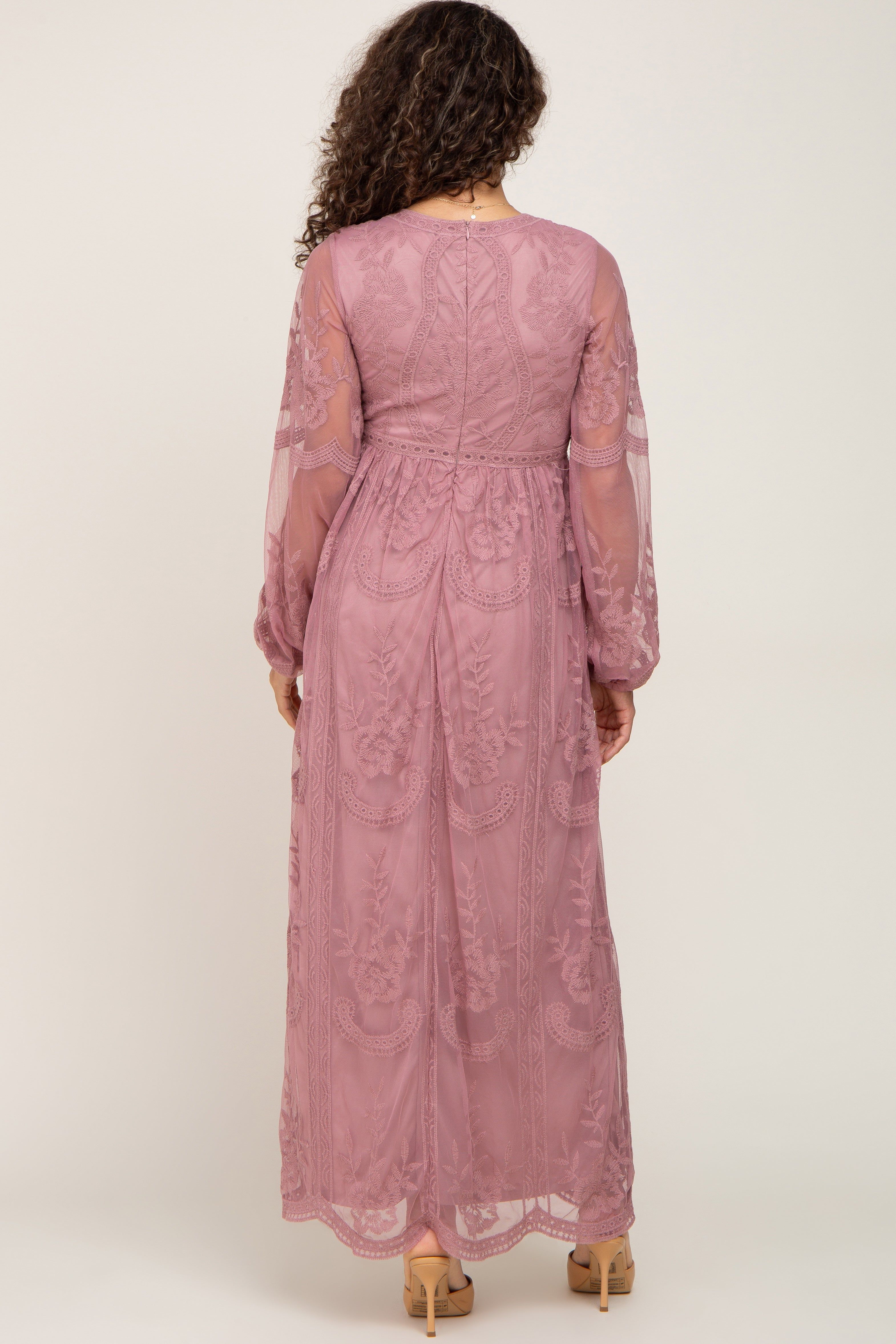 PinkBlush Mauve Lace Mesh Overlay Long Sleeve Maxi Dress sold by Pinkblush product image thumbnail 3
