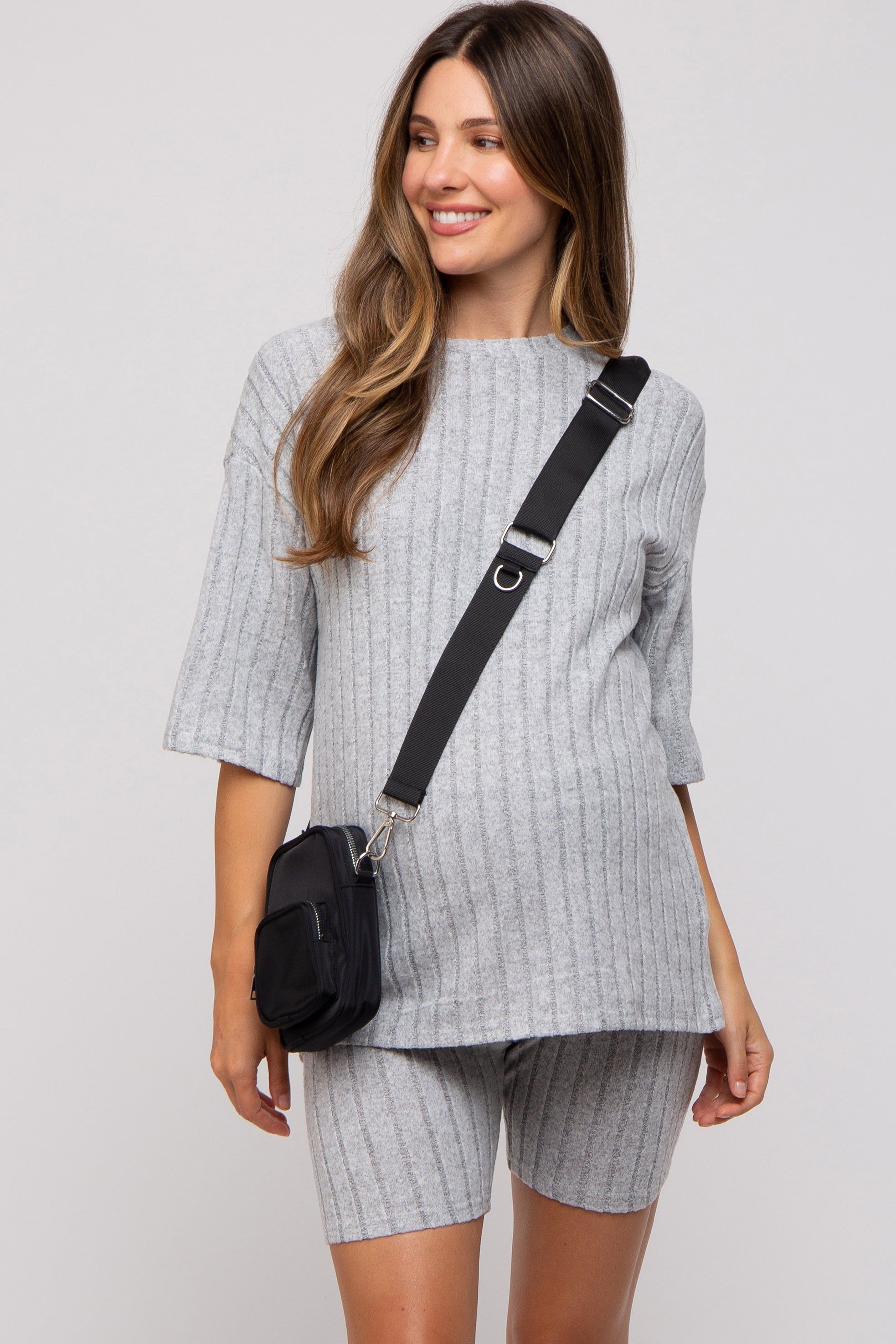 Heather Grey Ribbed Soft Short Sleeve Maternity Shorts Set sold by Pinkblush