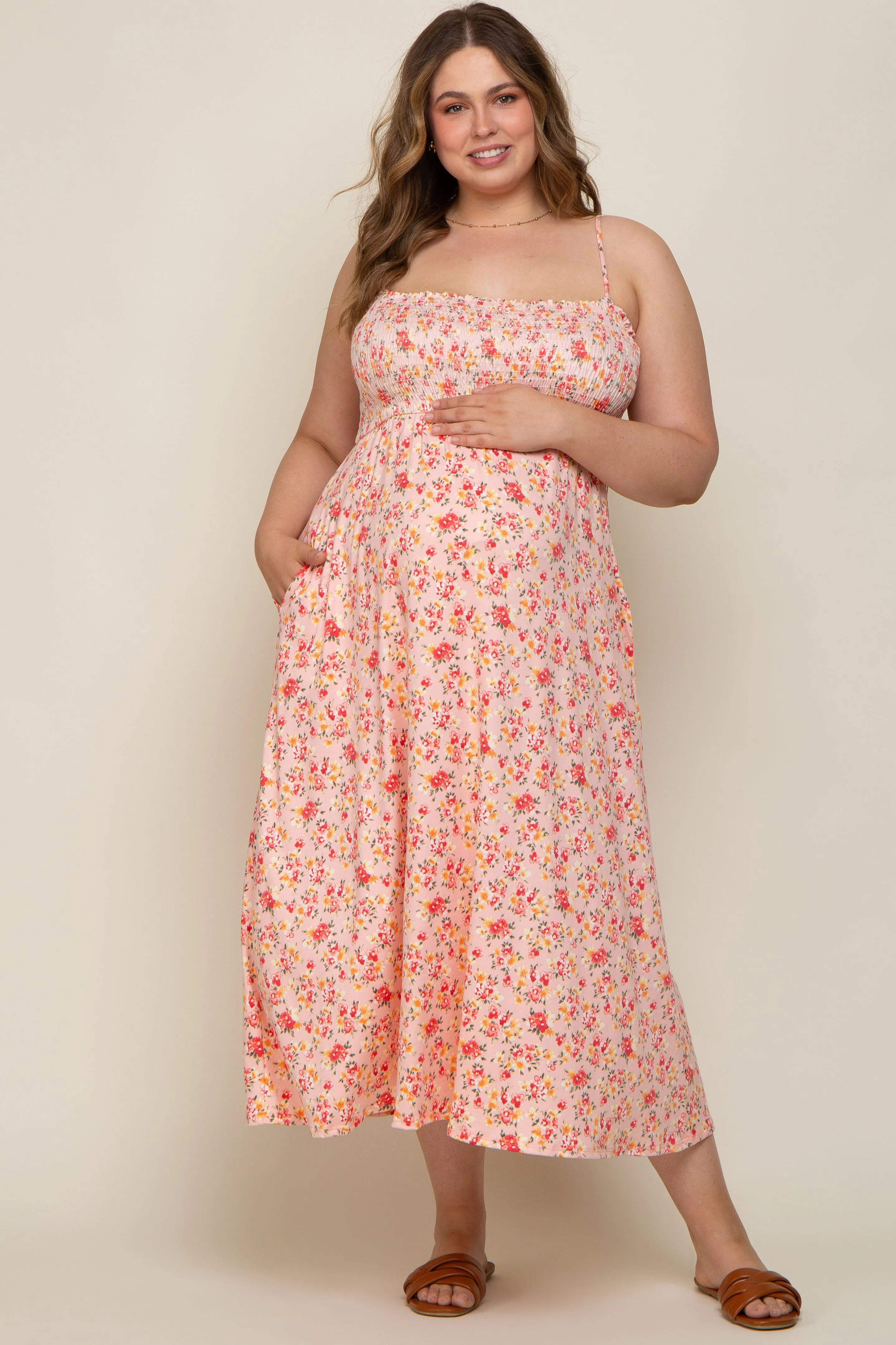 Peach Square Neck Smocked Plus Maternity Midi Dress sold by Pinkblush product image thumbnail 4