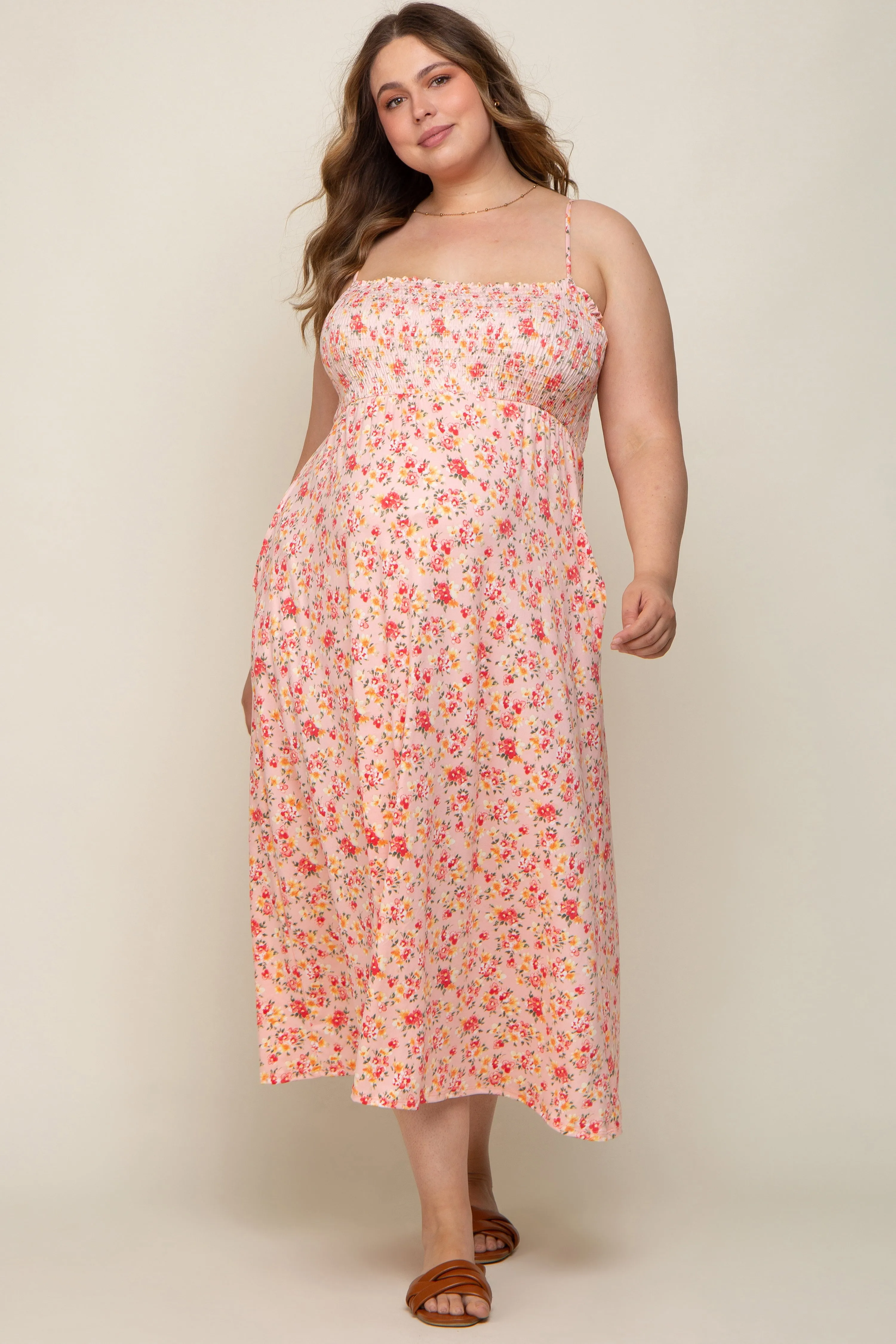 Peach Square Neck Smocked Plus Maternity Midi Dress sold by Pinkblush