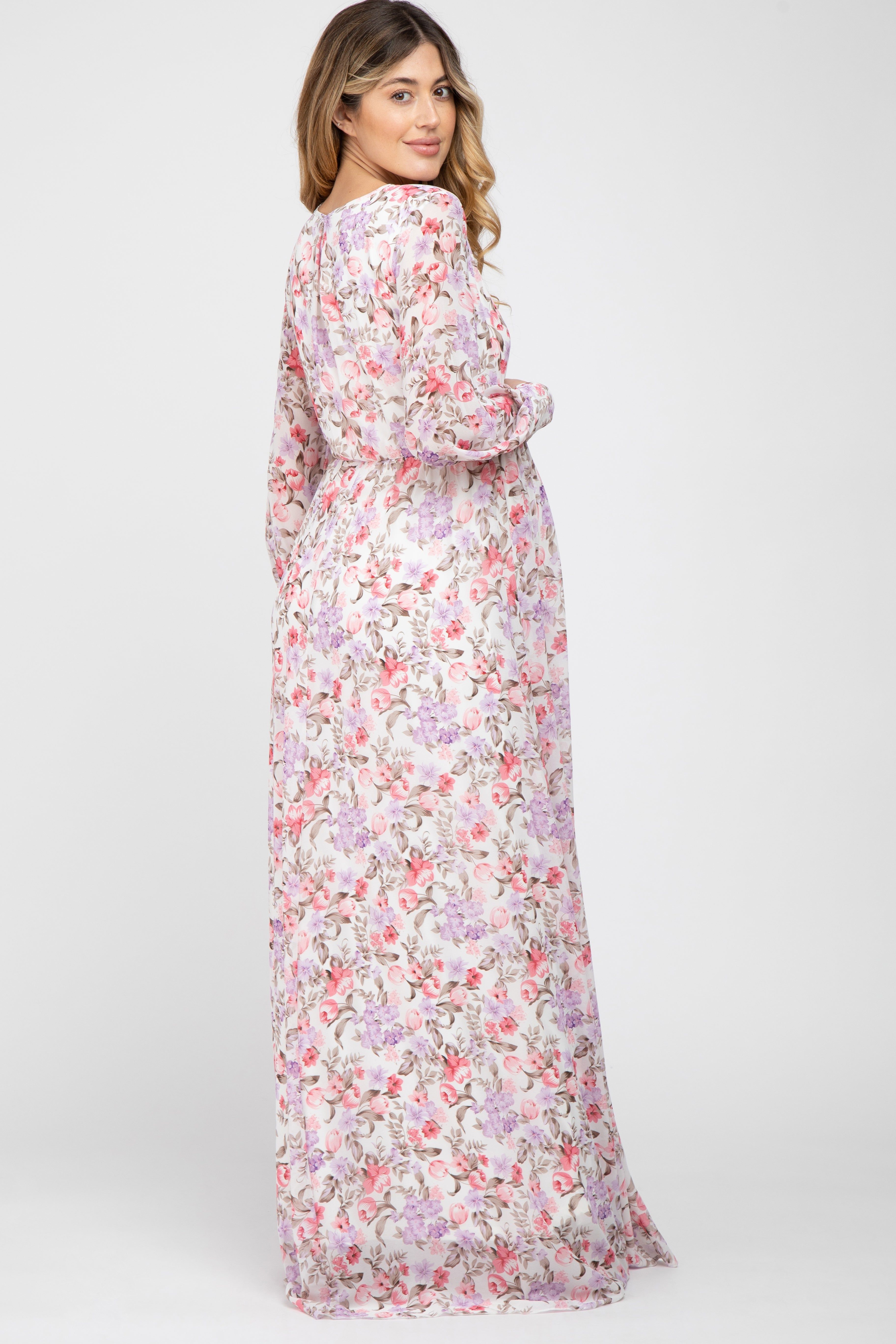 White Floral Chiffon Long Sleeve Pleated Maternity Maxi Dress sold by Pinkblush product image thumbnail 3
