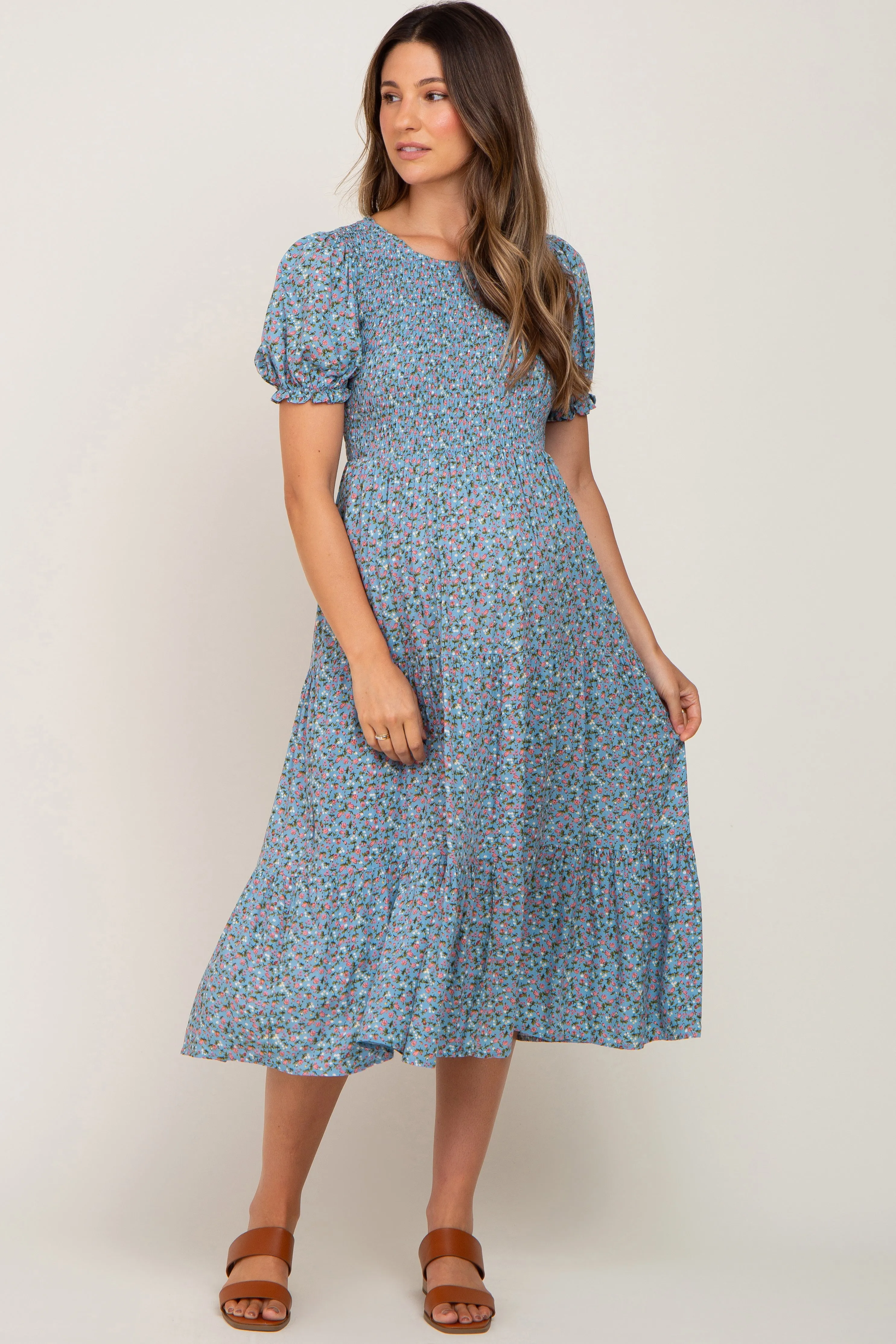 Blue Floral Smocked Maternity Midi Dress sold by Pinkblush