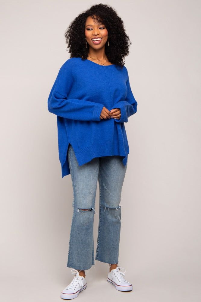 Royal Blue Dolman Sleeve Side Slit Sweater sold by Pinkblush