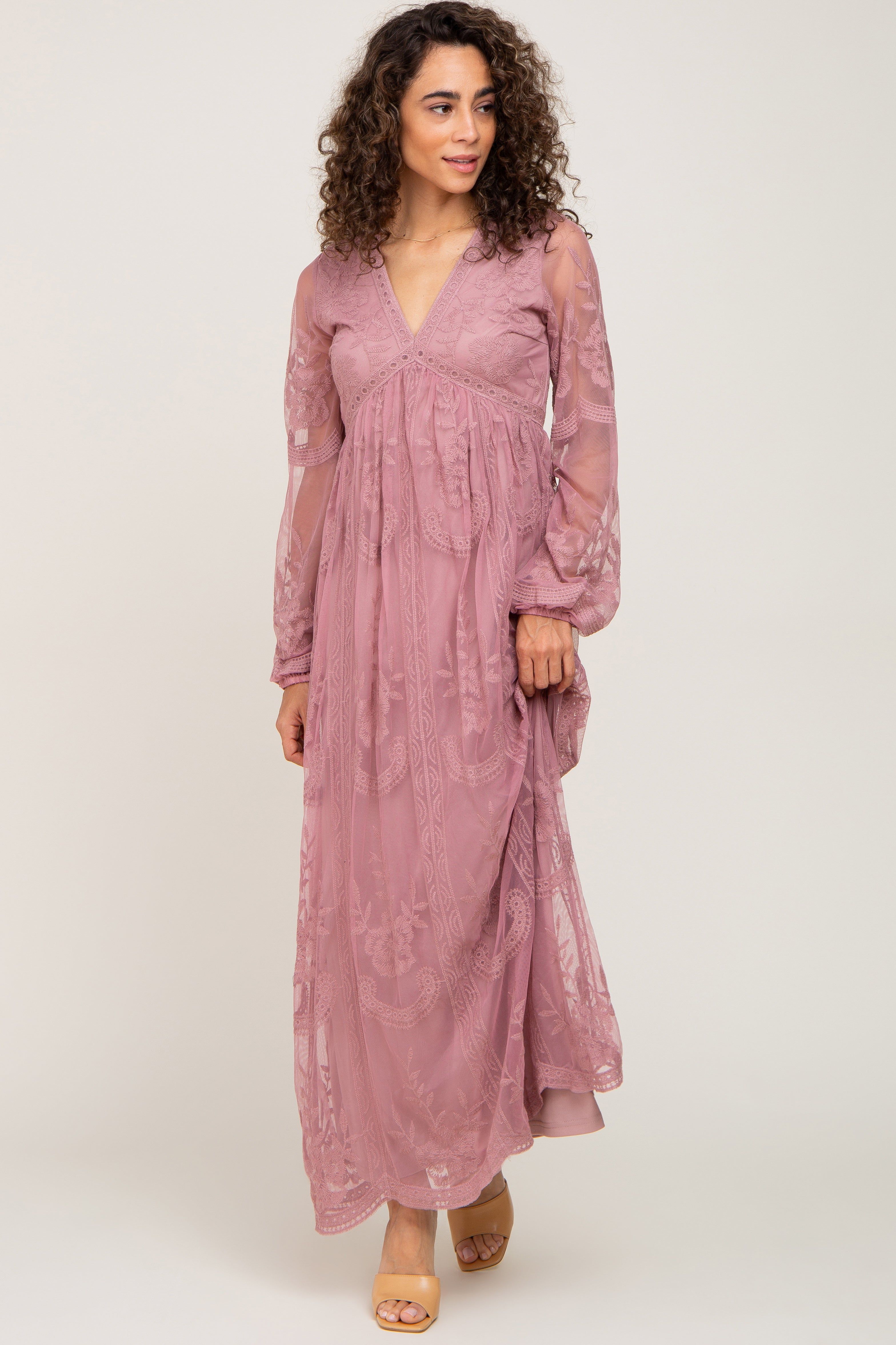 PinkBlush Mauve Lace Mesh Overlay Long Sleeve Maxi Dress sold by Pinkblush product image thumbnail 4