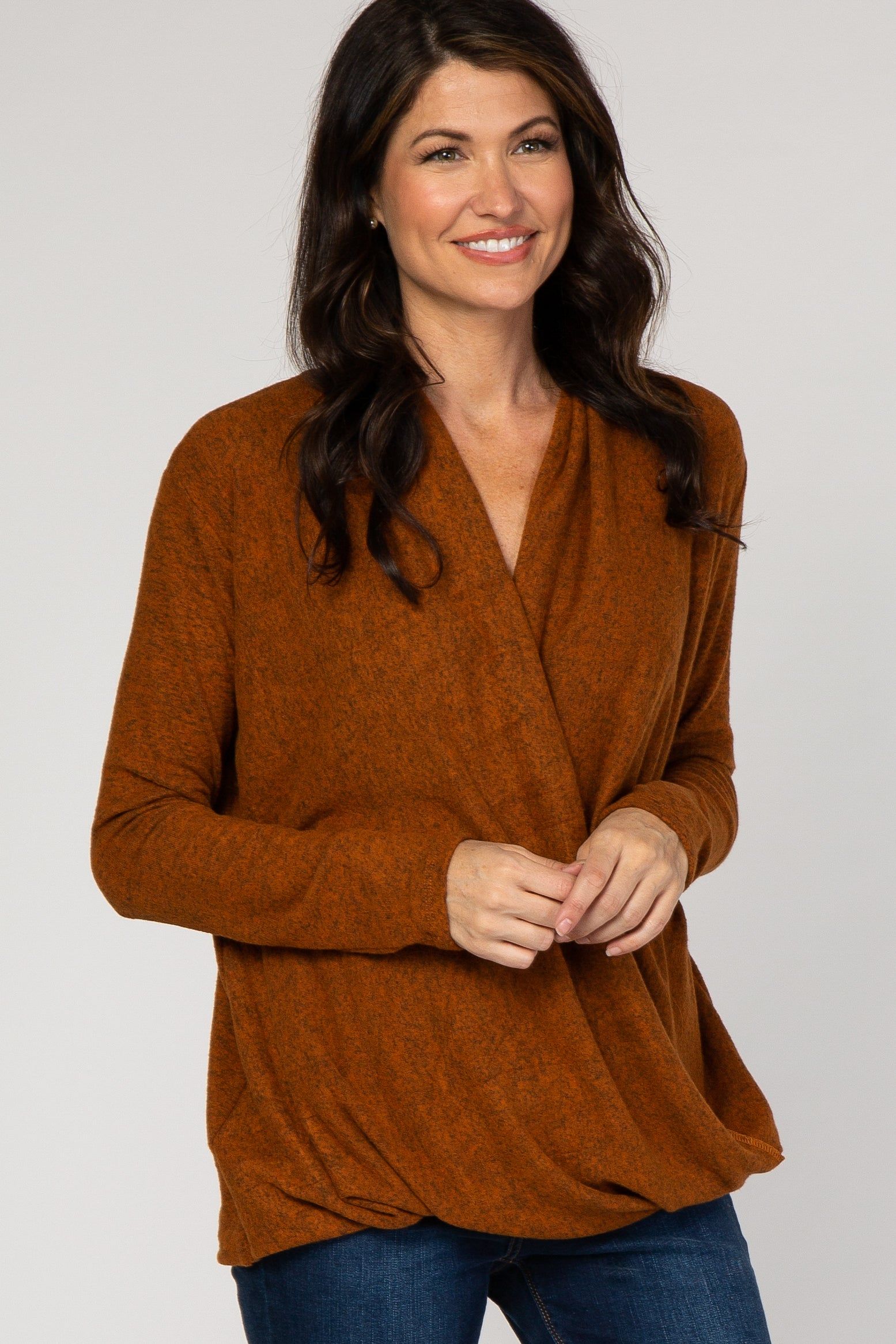 PinkBlush Rust Knit Draped Wrap V-Neck Nursing Top sold by Pinkblush