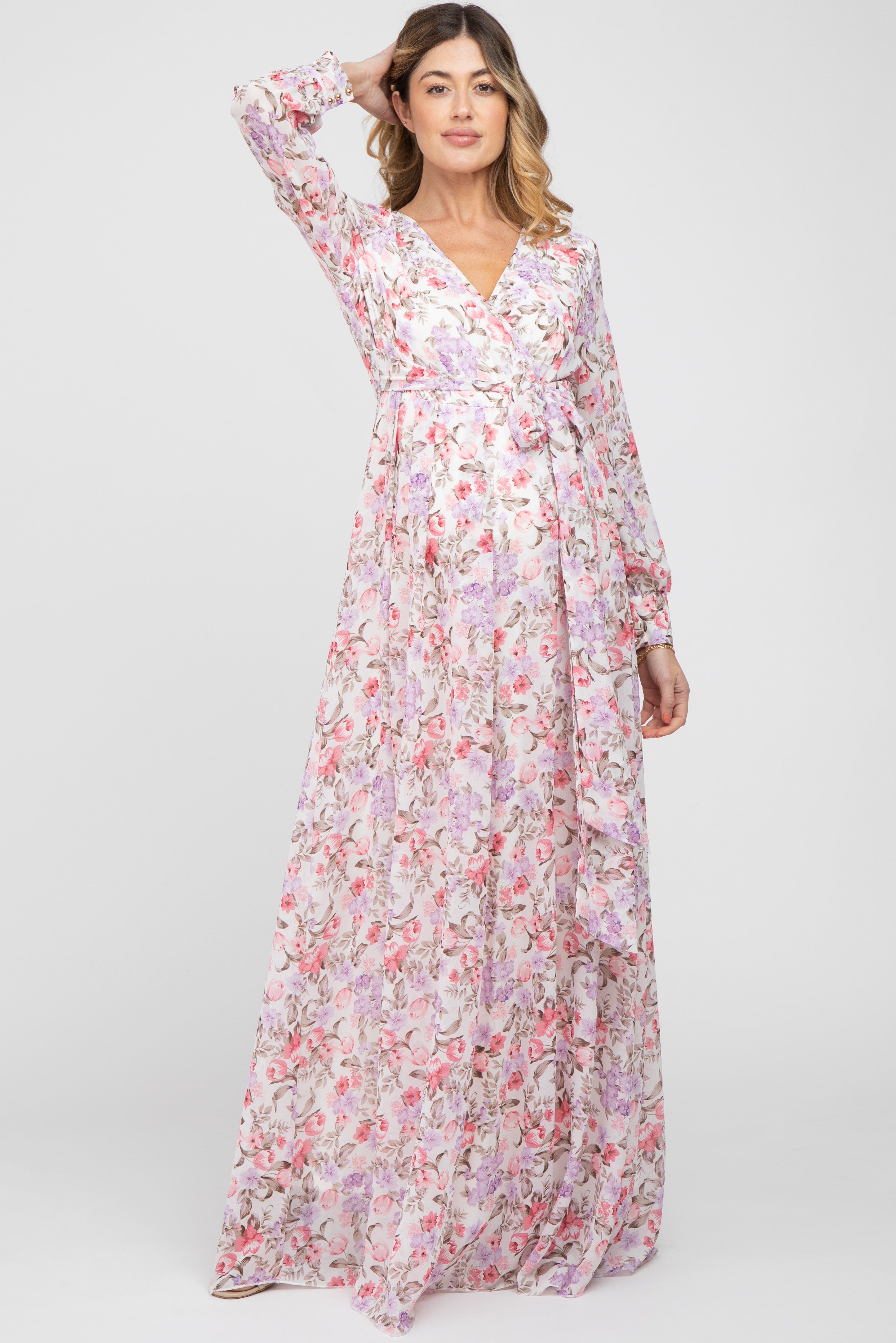 White Floral Chiffon Long Sleeve Pleated Maternity Maxi Dress sold by Pinkblush
