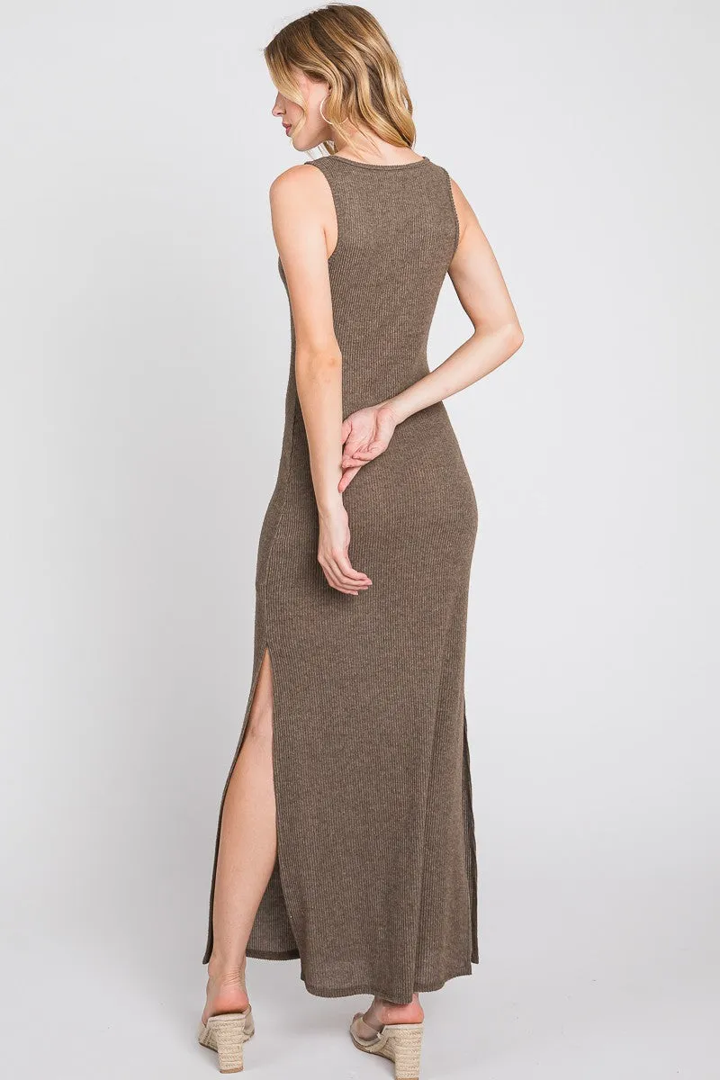 Brown Ribbed Sleeveless Side Slit Maxi Dress sold by Pinkblush product image thumbnail 4