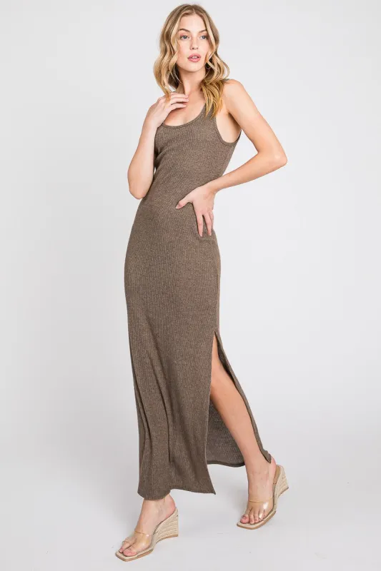 Brown Ribbed Sleeveless Side Slit Maxi Dress sold by Pinkblush