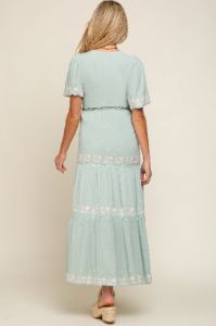 Mint Green Floral Embroidered Tiered Maternity Maxi Dress sold by Pinkblush