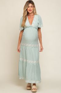 Mint Green Floral Embroidered Tiered Maternity Maxi Dress sold by Pinkblush
