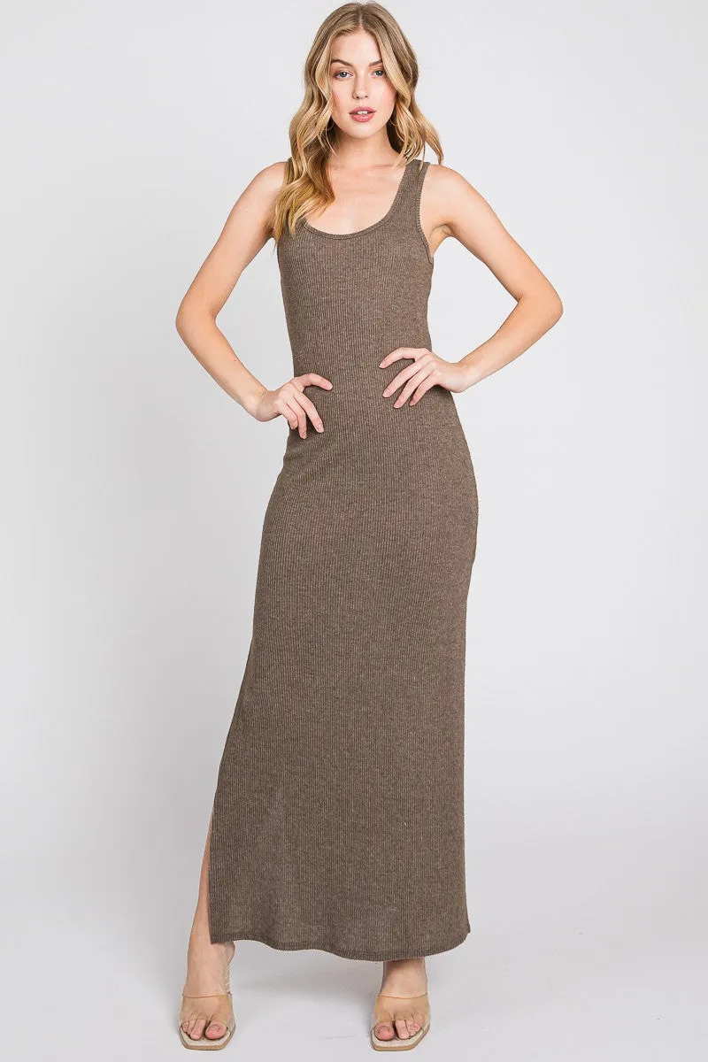 Brown Ribbed Sleeveless Side Slit Maxi Dress sold by Pinkblush product image thumbnail 2