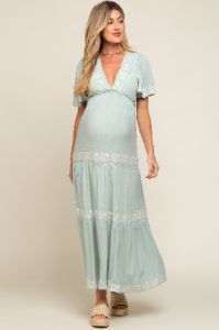 Mint Green Floral Embroidered Tiered Maternity Maxi Dress sold by Pinkblush