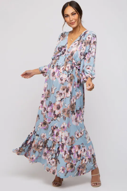 Light Blue Ruffle Accent Maternity Maxi Dress sold by Pinkblush