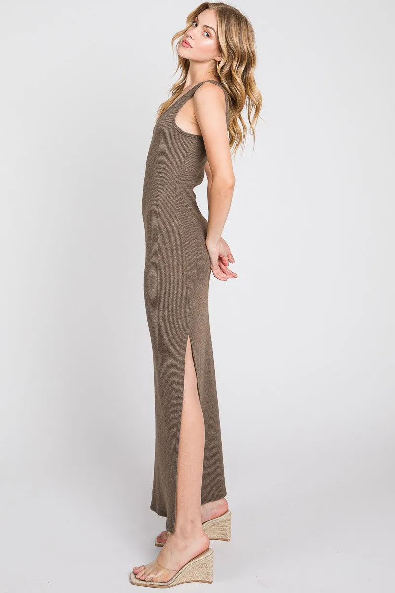 Brown Ribbed Sleeveless Side Slit Maxi Dress sold by Pinkblush product image thumbnail 3